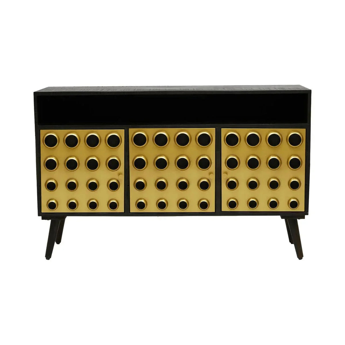 Dark sideboard with gold circular dot pattern on three doors and open top shelf