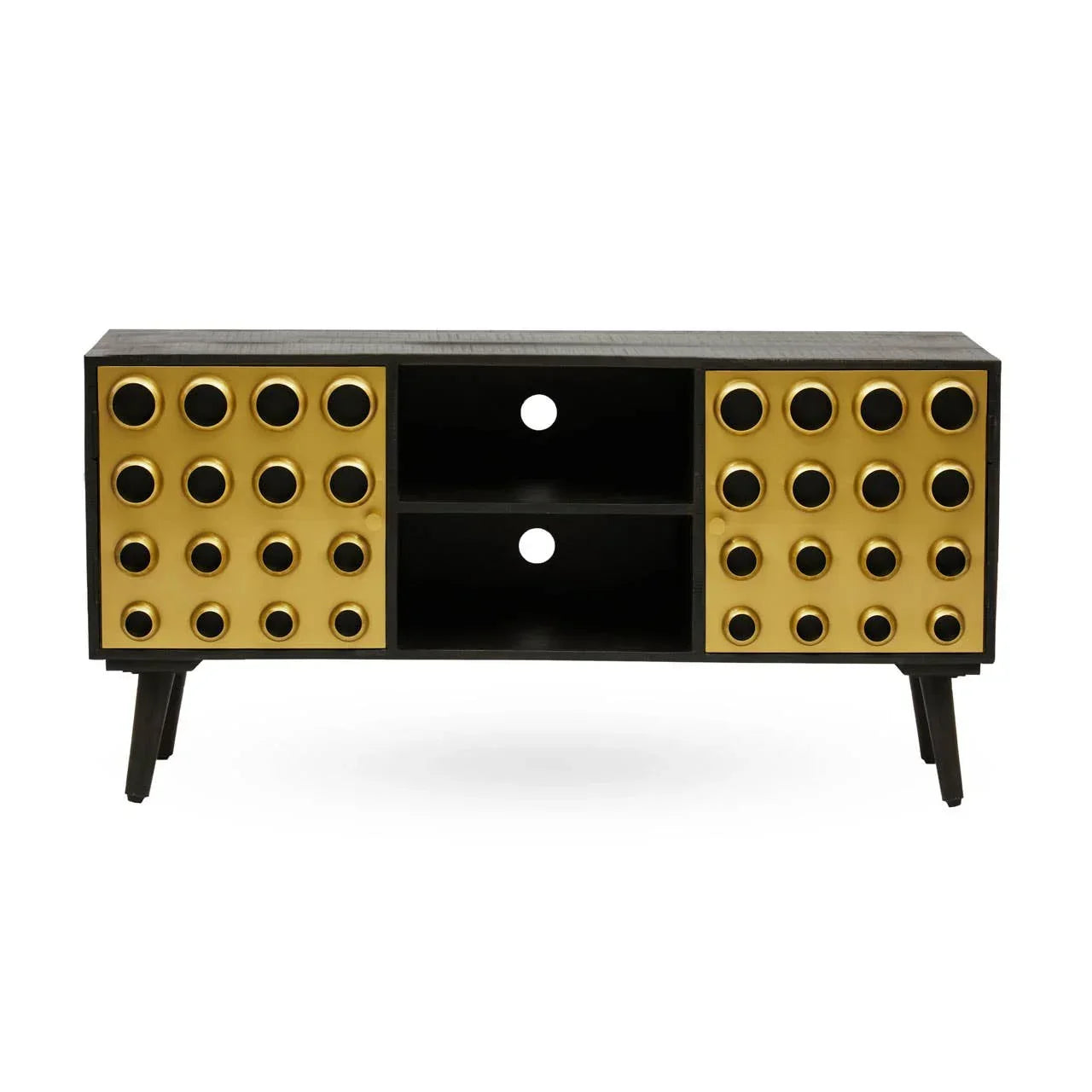 Black and gold TV stand with circular pattern doors and open shelving, mid-century style