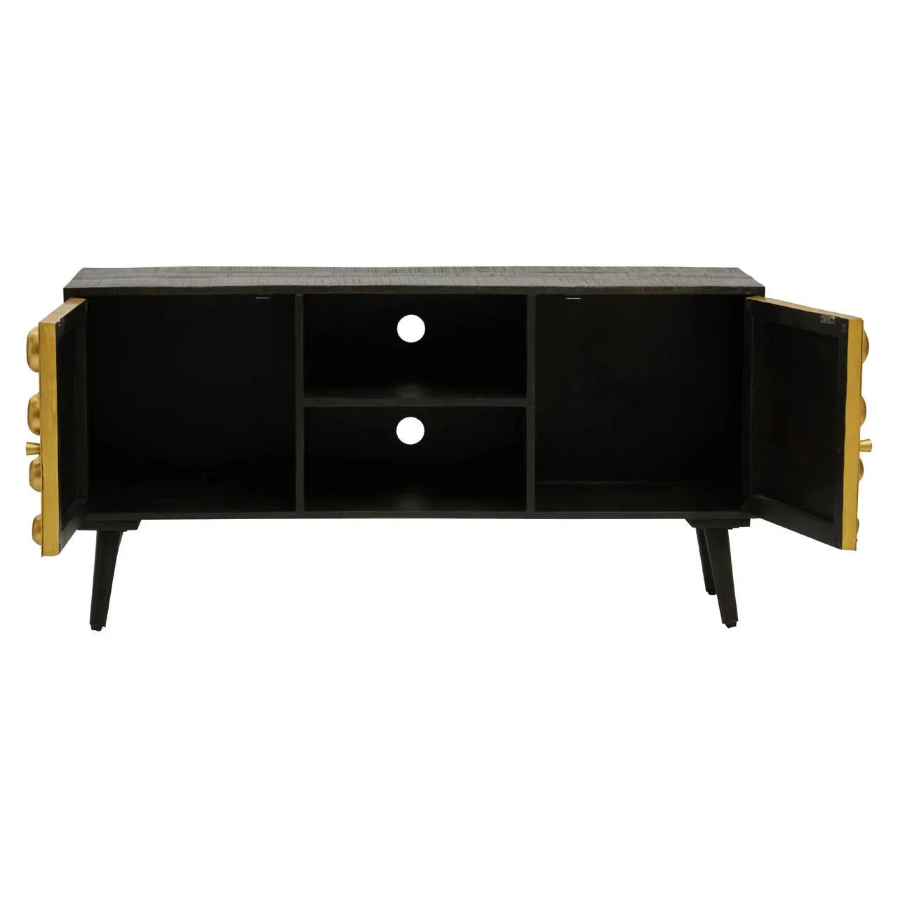 Black wooden sideboard with gold handles, open doors, and cable holes for media storage