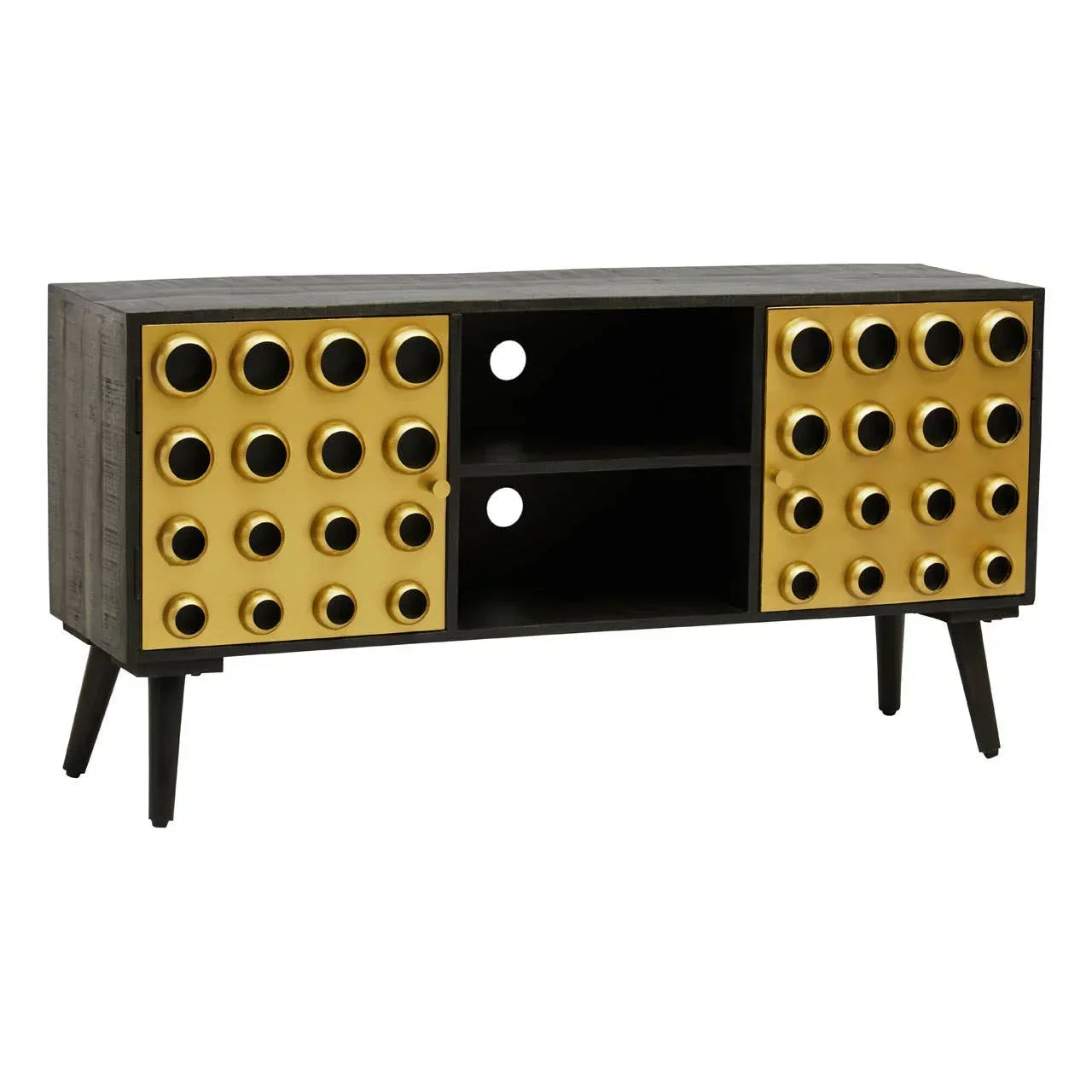 Black and gold TV unit with geometric front panels and open central shelving on angled legs