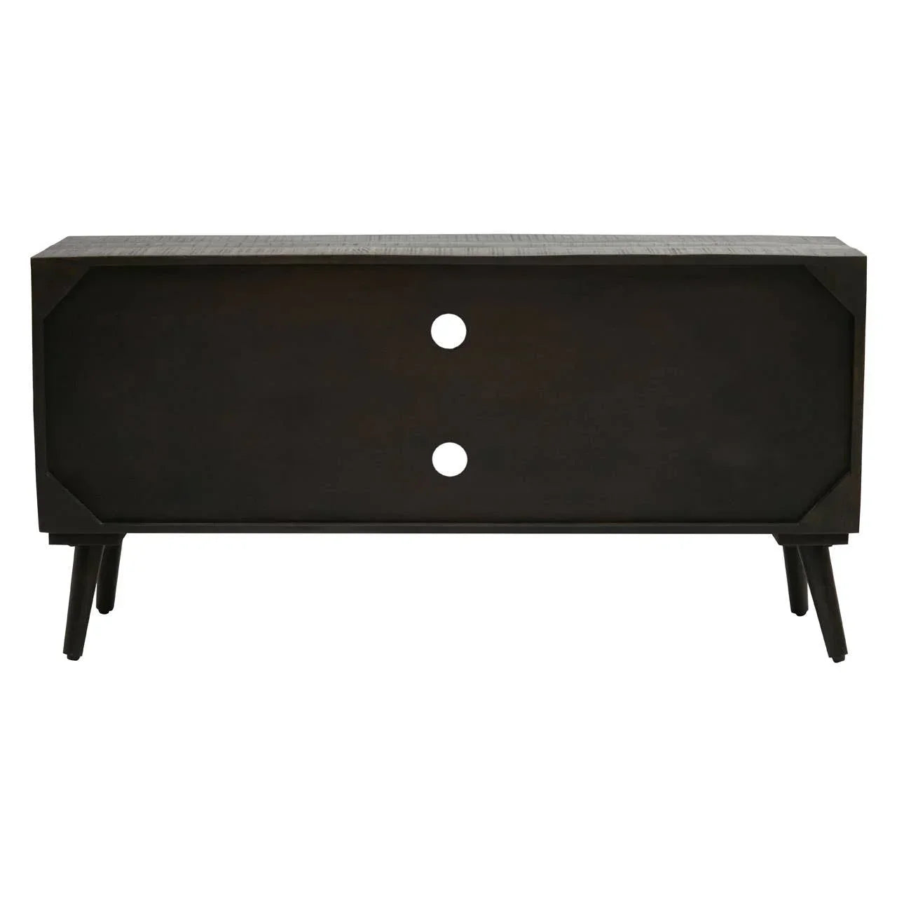 Dark wood sideboard with angled legs and two round handle cutouts on front panel