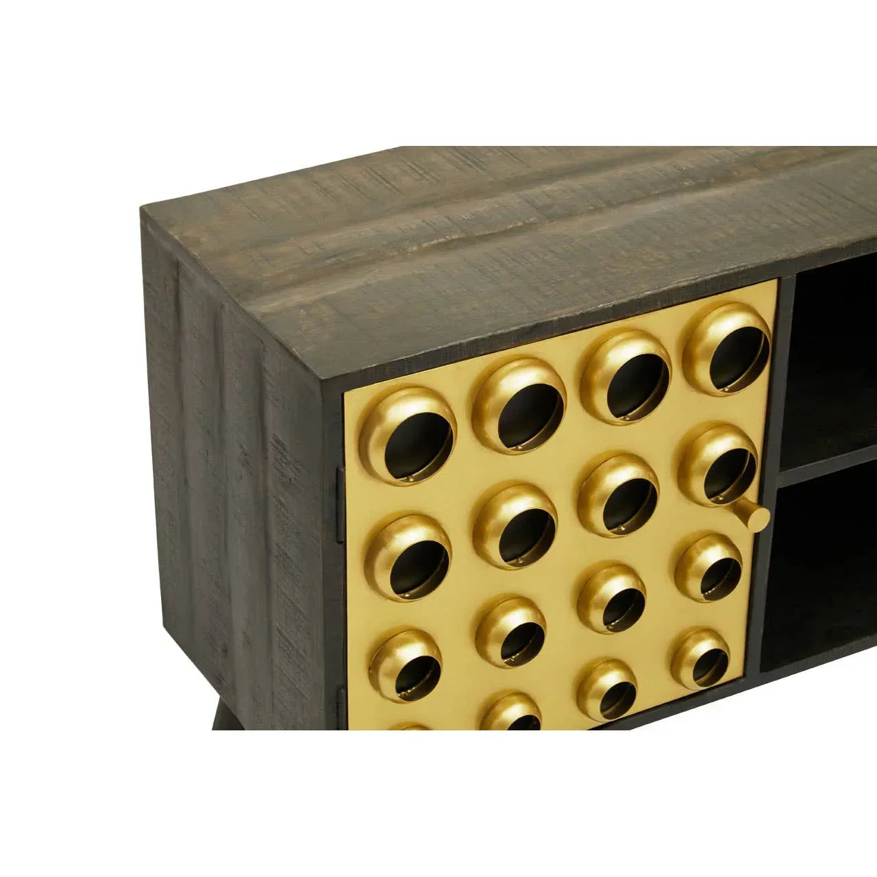 Modern wooden sideboard with gold circular door accents and open shelving