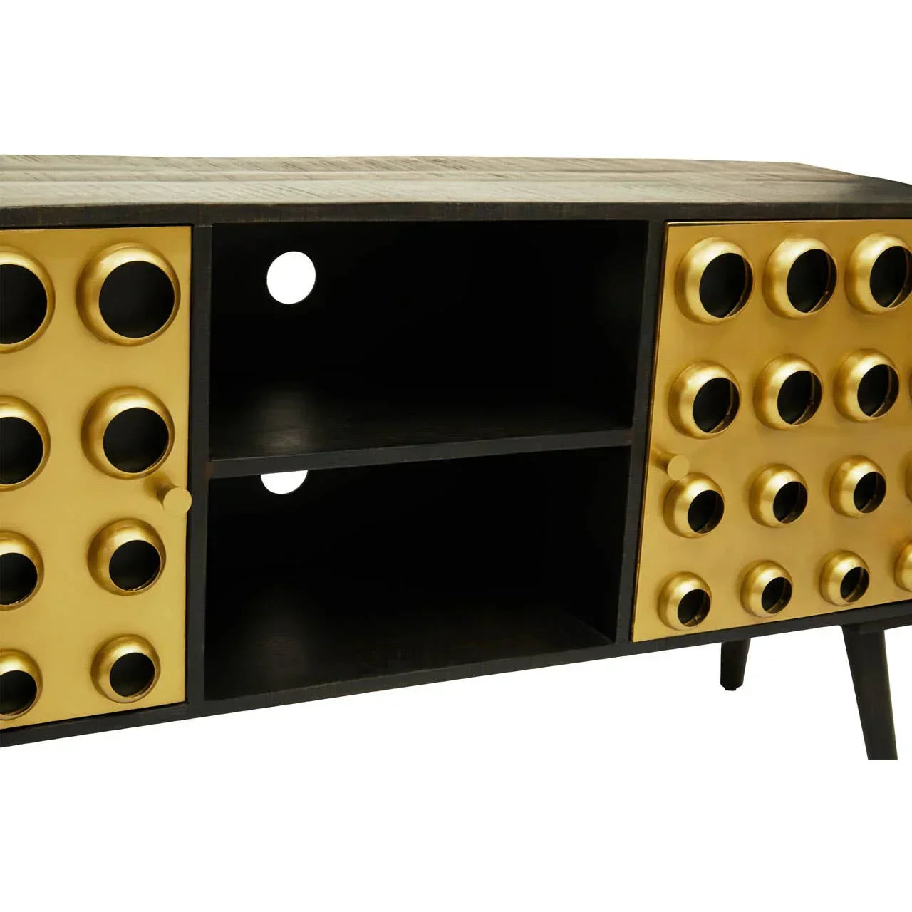 Black and gold sideboard with circular pattern doors and open shelving