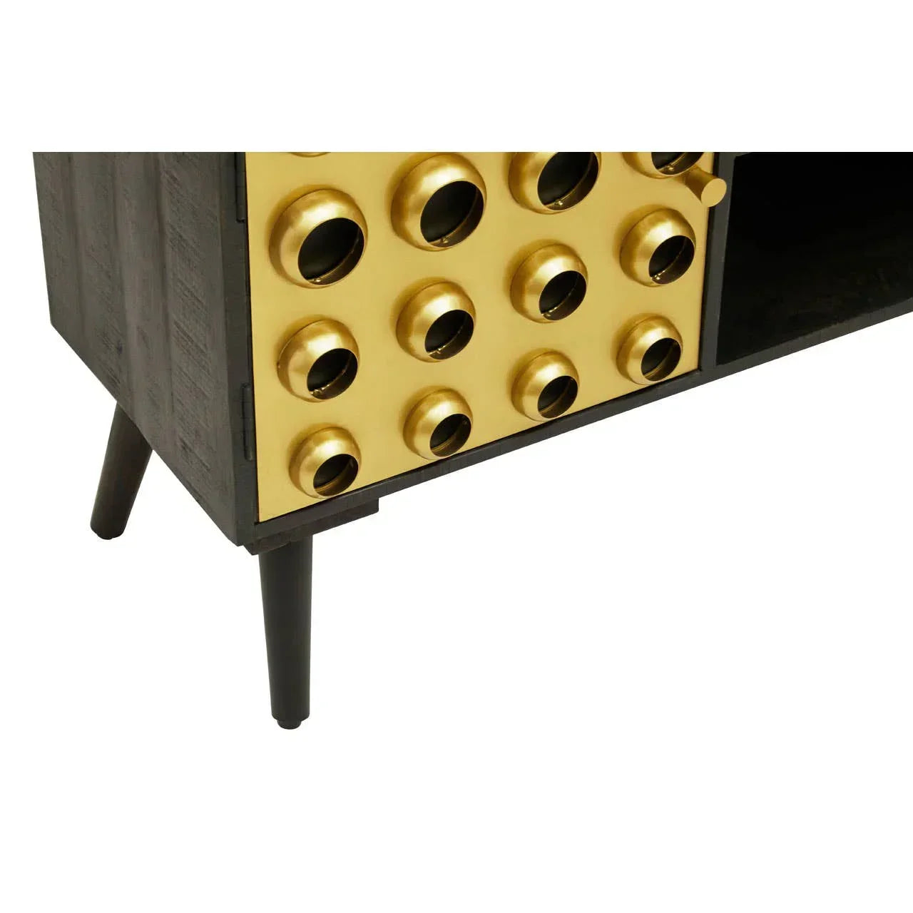 Modern wooden sideboard with gold circular wine rack detail and angled black legs