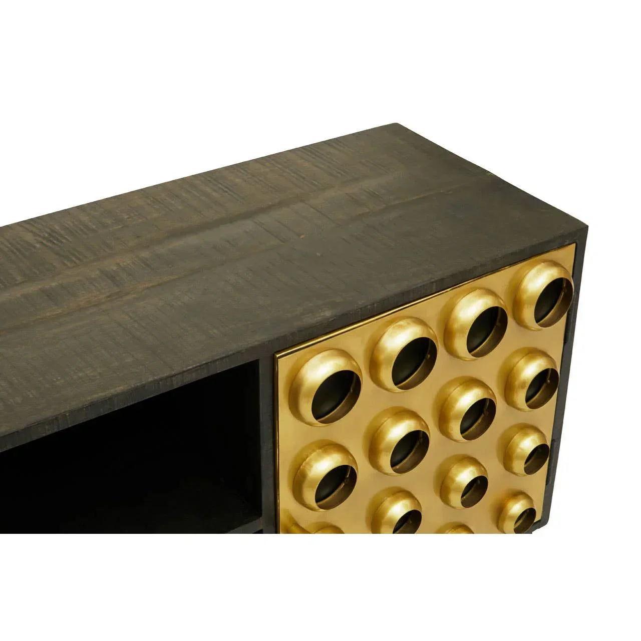 Black wood sideboard with gold geometric drawer front and open storage section