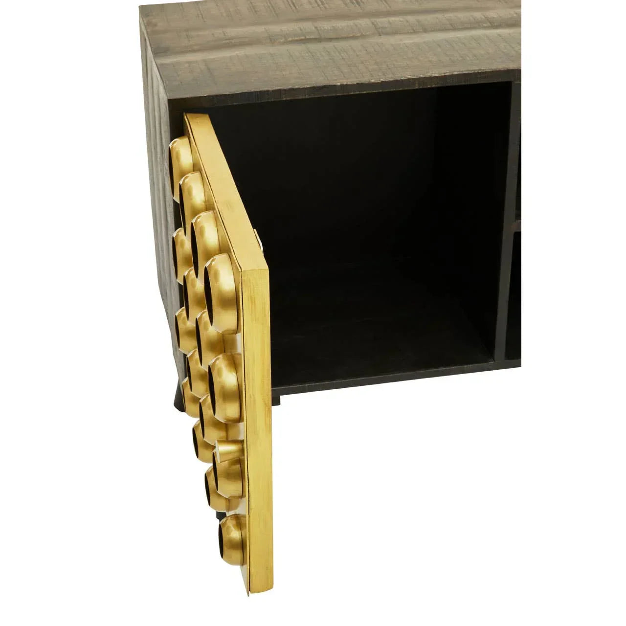 Wooden sideboard with open gold geometric door detail, interior storage visible