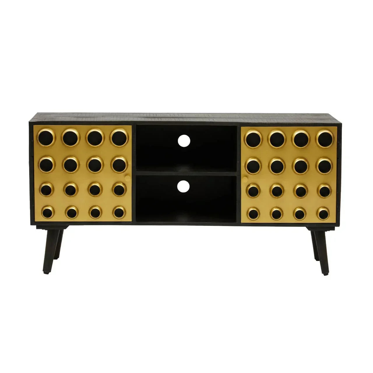 Black TV unit with gold geometric cabinet doors and open center shelves, mid-century legs