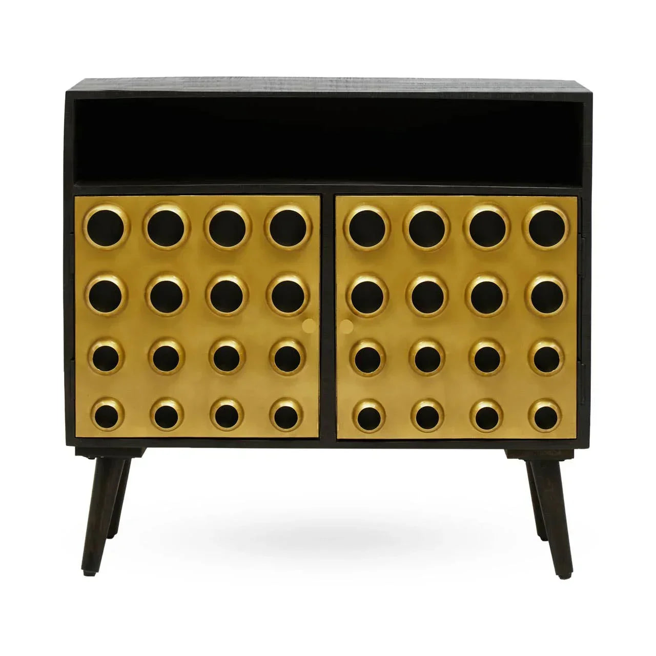 Gold accent sideboard with circular door designs and open shelf on black wooden legs