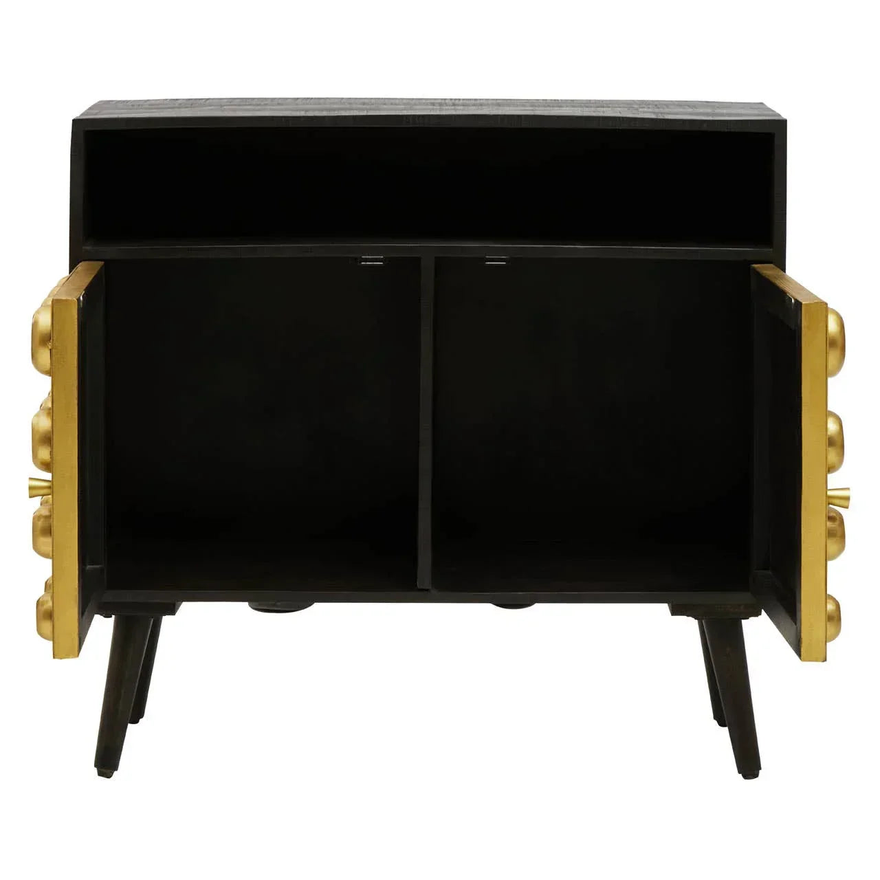 Black sideboard with gold handles, open cabinet doors, spacious interior shelves