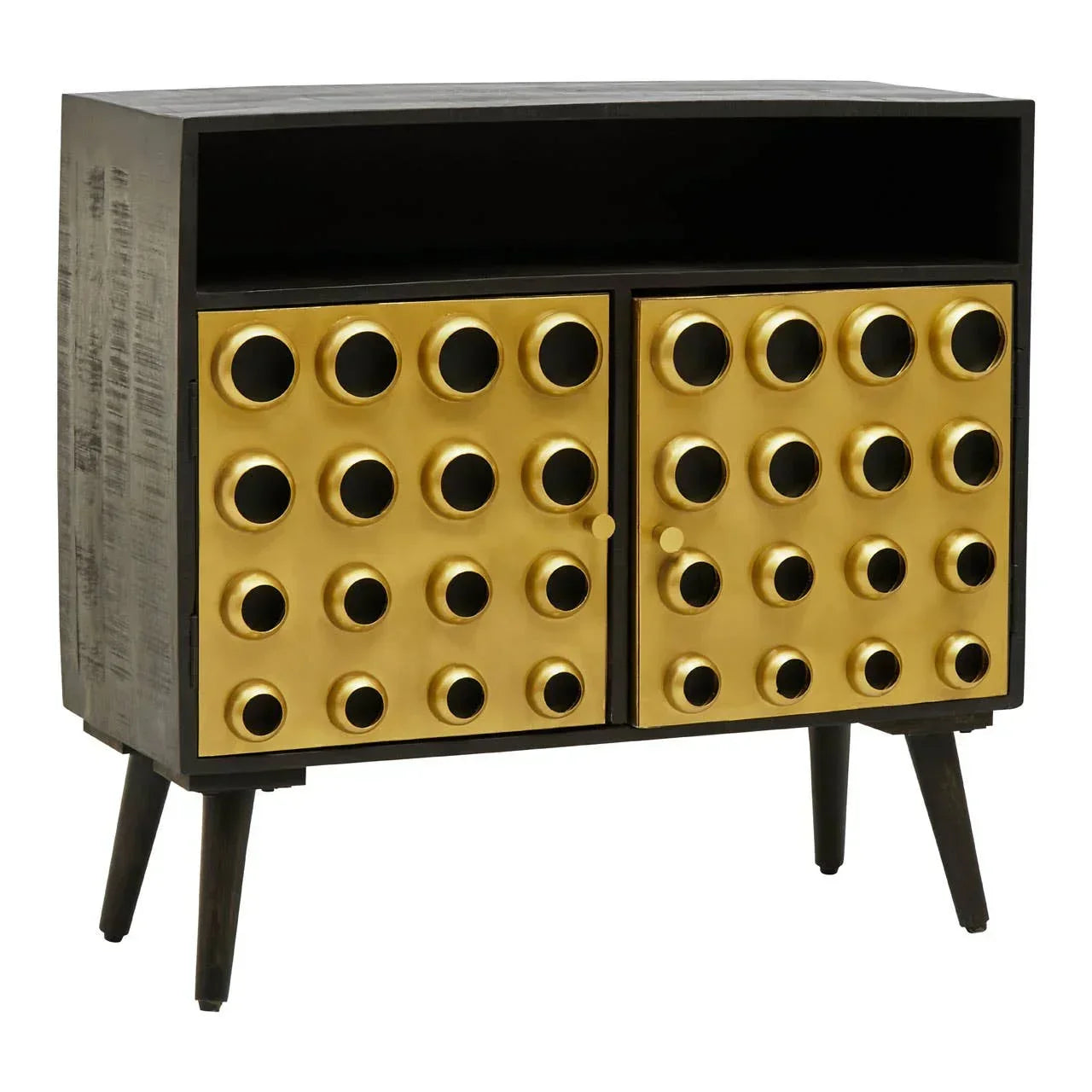 Gold accent sideboard with patterned doors and open shelf, black wood legs, angled view