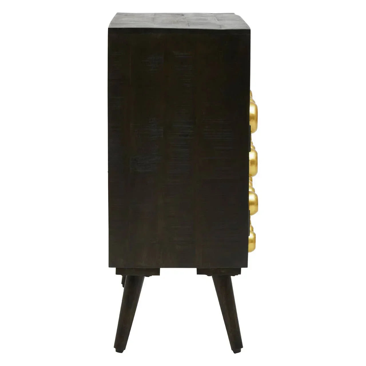 Side view of dark wood chest of drawers with gold handles and angled legs