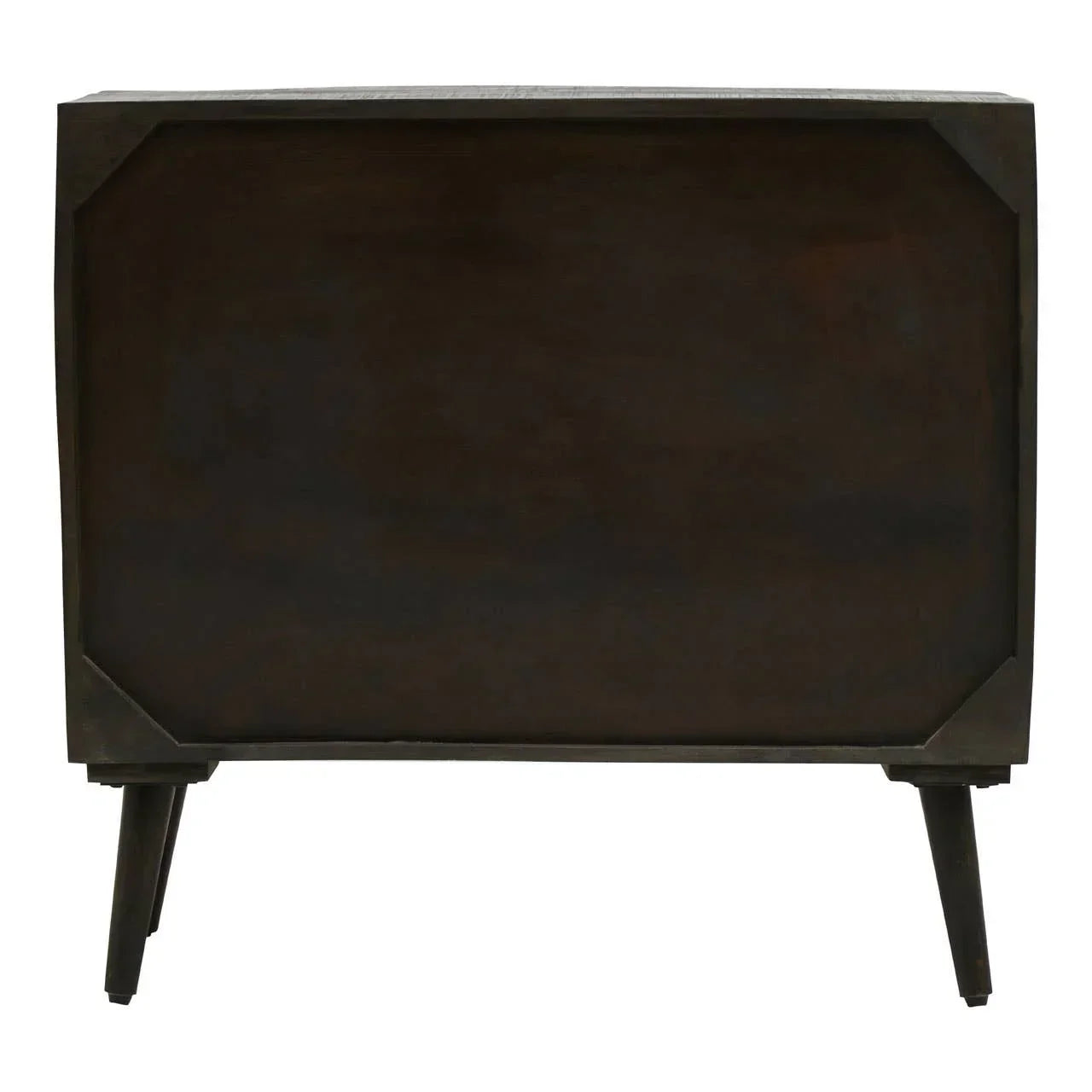 Rear view of dark wooden sideboard with tapered legs and chamfered corners
