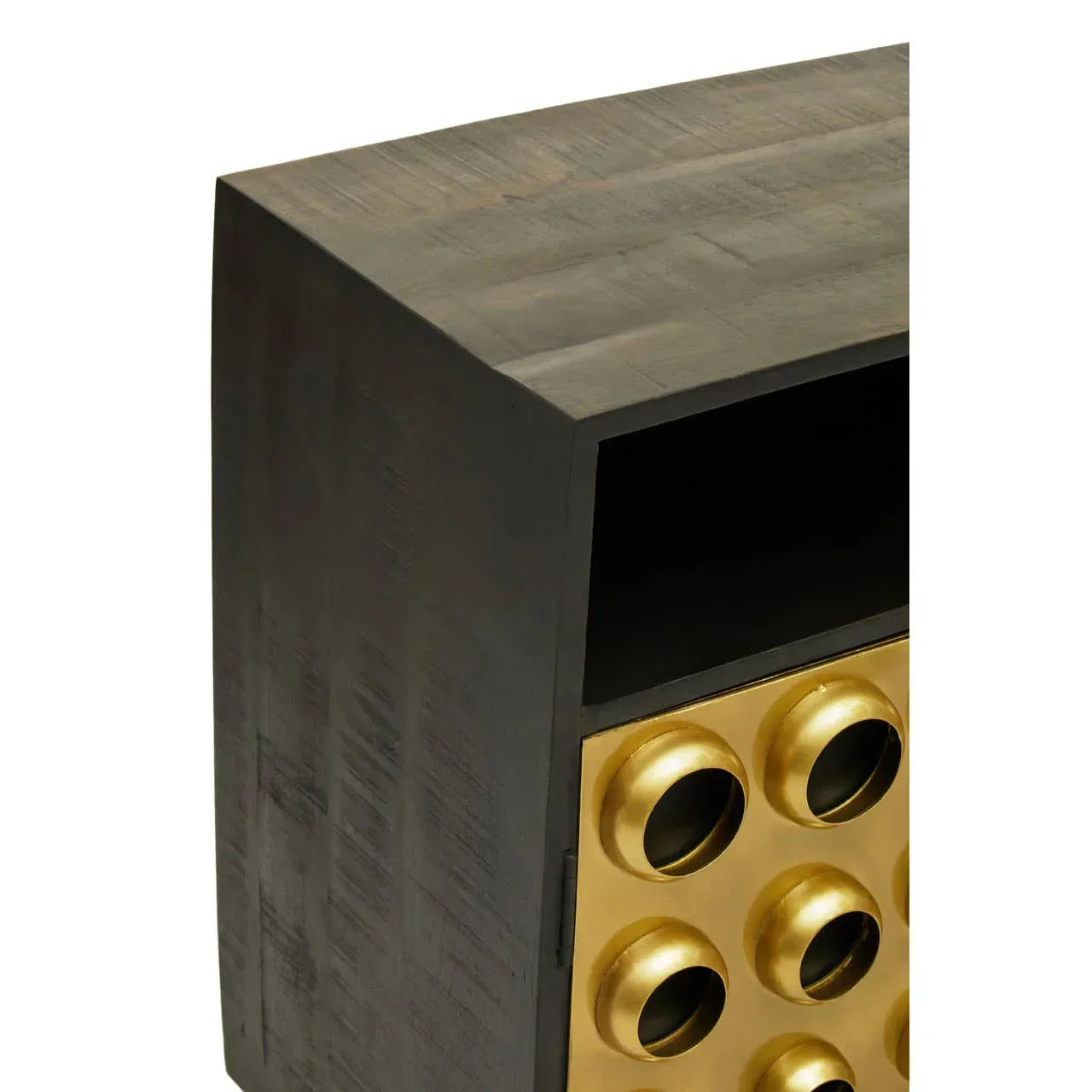 Dark wood cabinet with gold wine rack insert and open shelf, close-up corner view