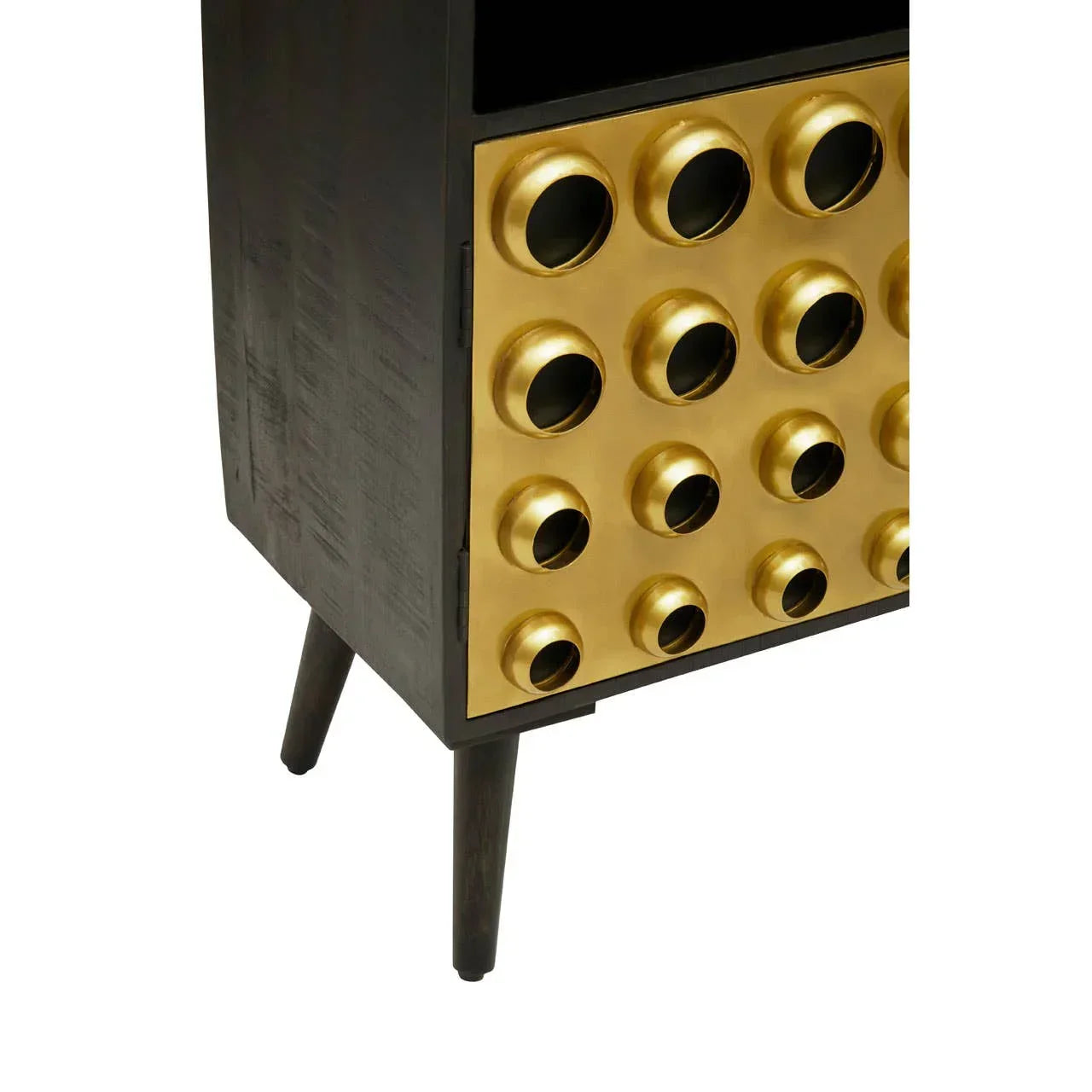 Black wood sideboard with gold textured door and mid-century style legs