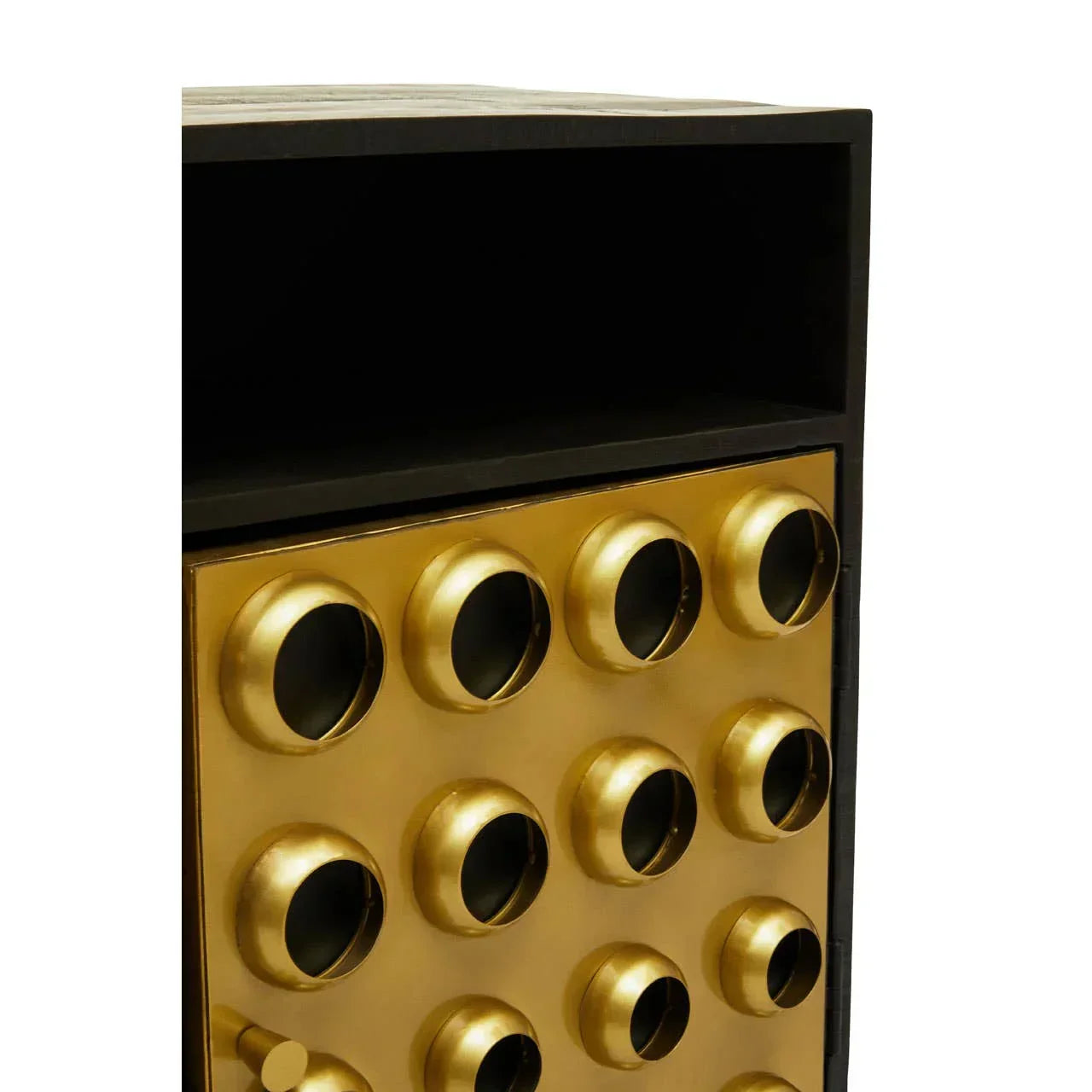 Gold metal wine rack with circular bottle holders and open storage shelf