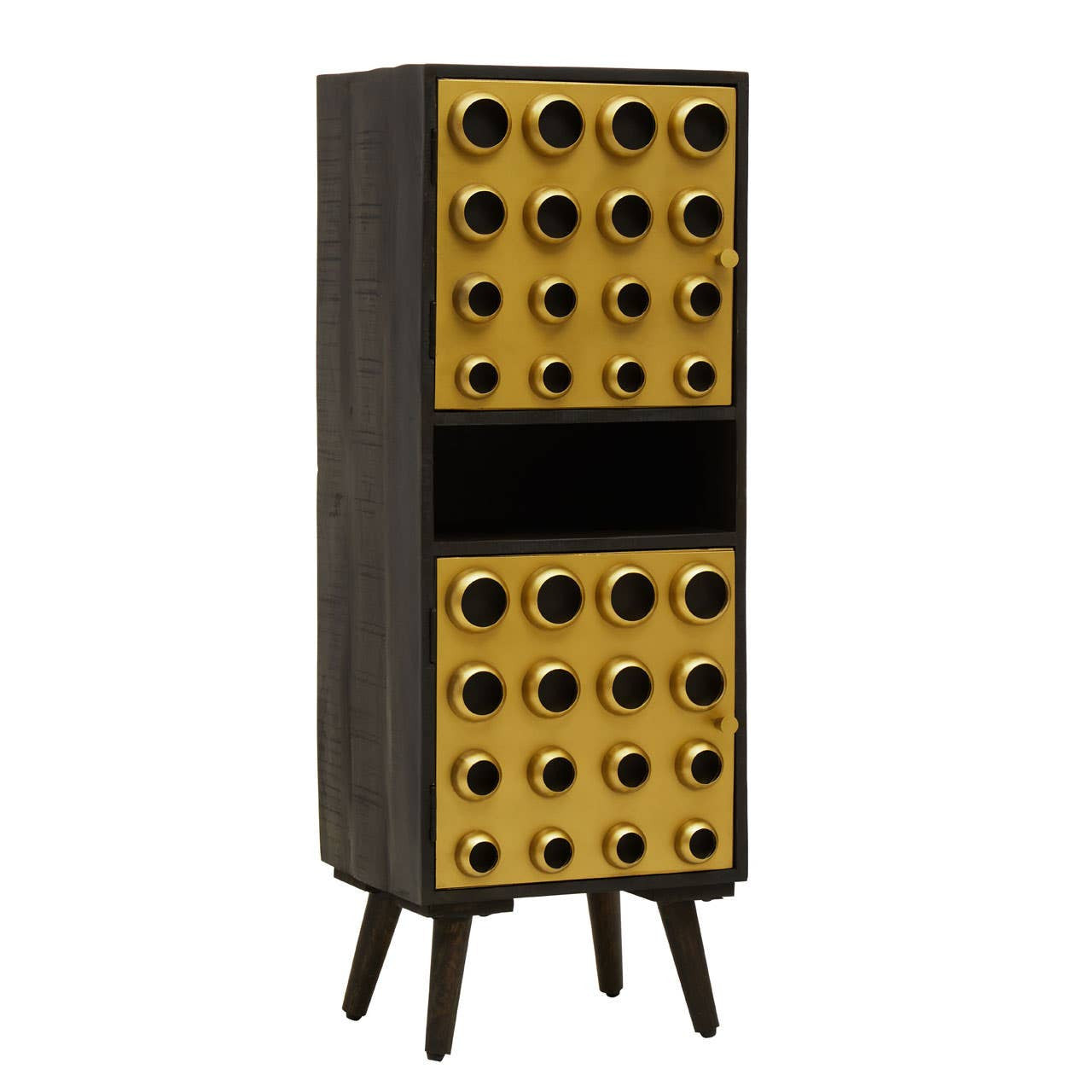 Tall cabinet featuring a mango wood finish with a brass effect front, showcasing two doors adorned with circular patterns. The cabinet stands on four tapered legs and has a sleek, modern design suitable for home decor