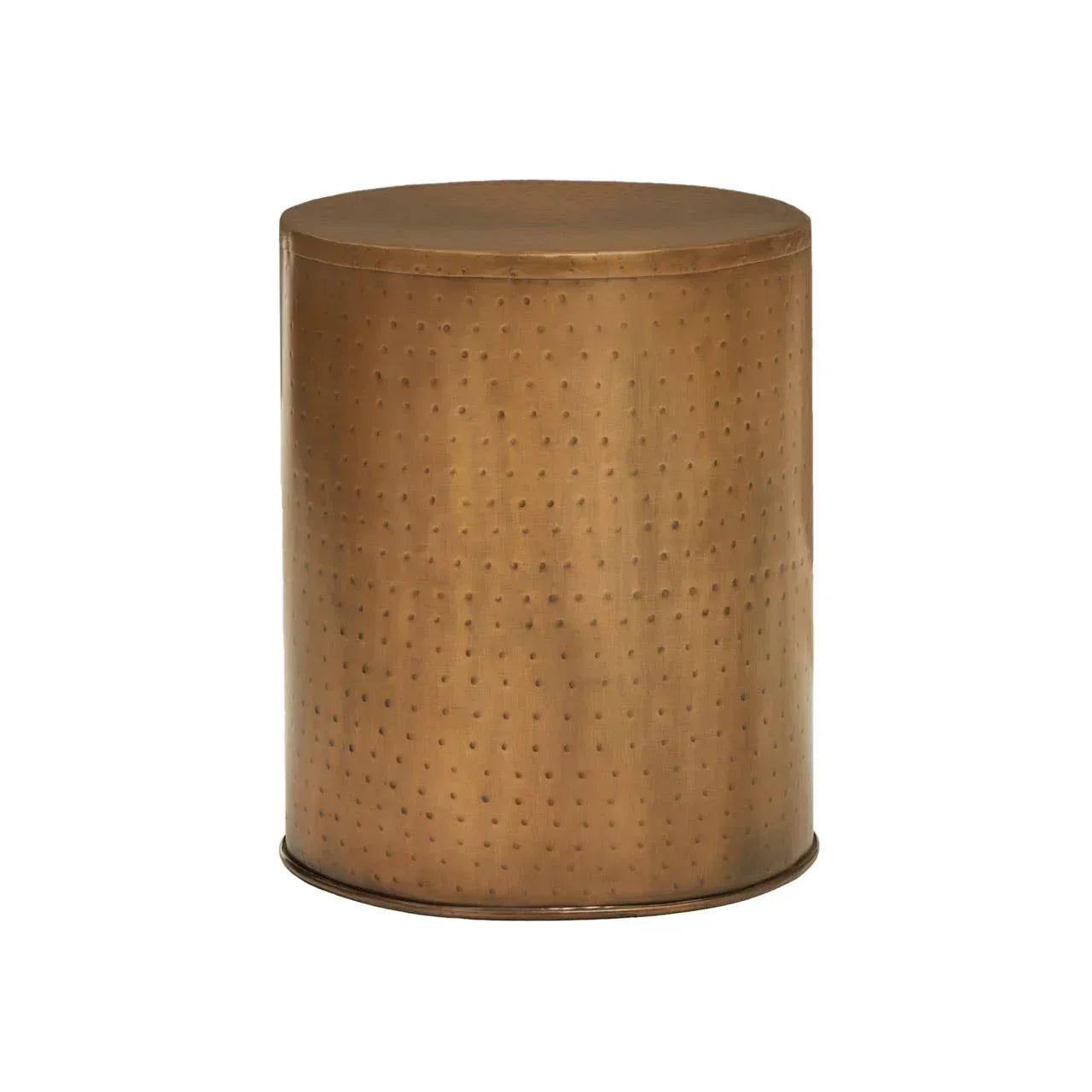 Round hammered metal side table with bronze finish on white background