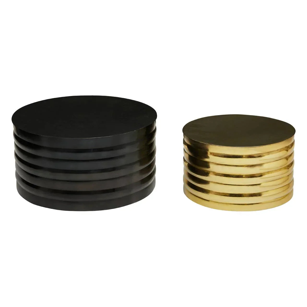 Round black and gold metal coffee tables with ribbed sides, side by side on white background