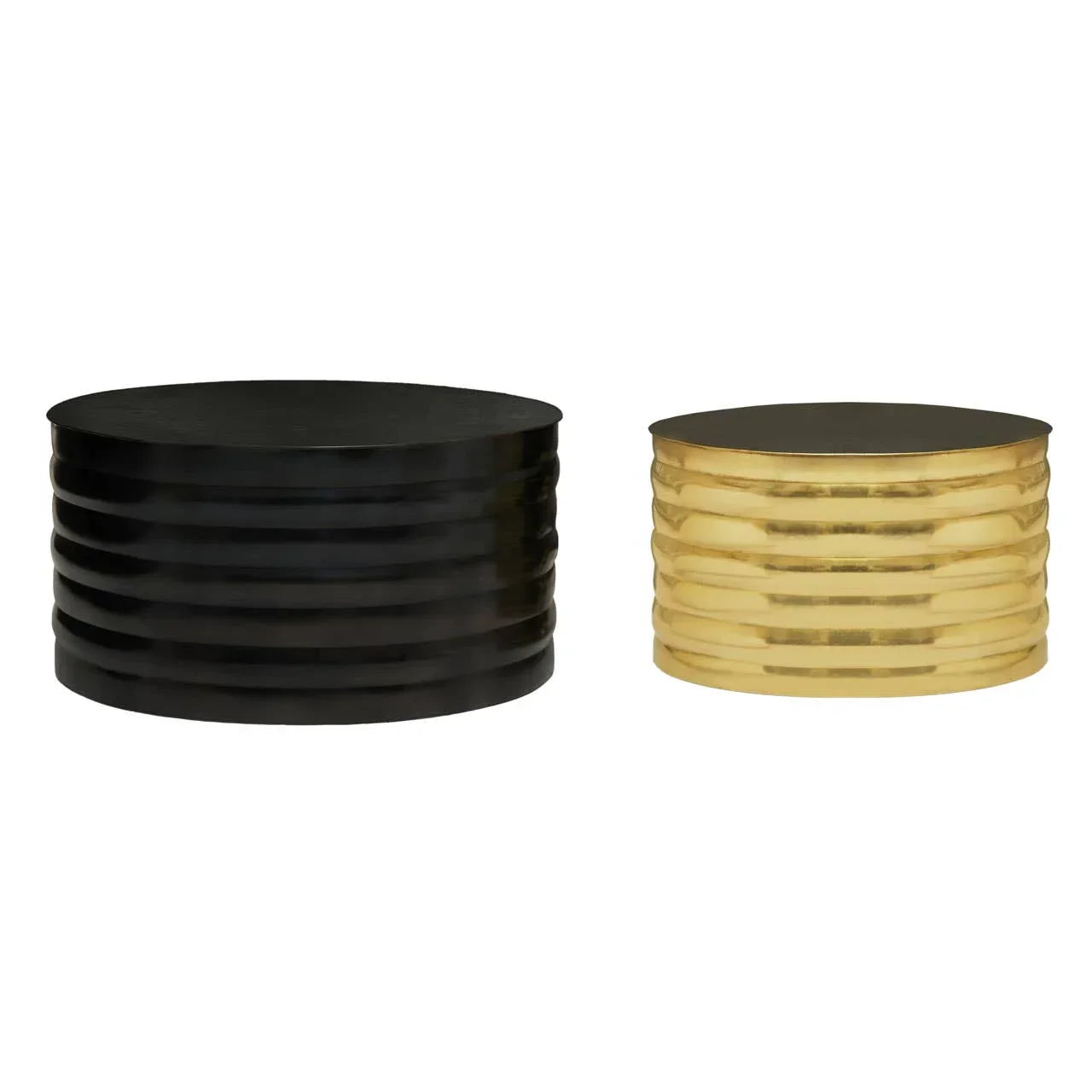 Black and gold metal coffee tables with ribbed cylindrical bases on white background