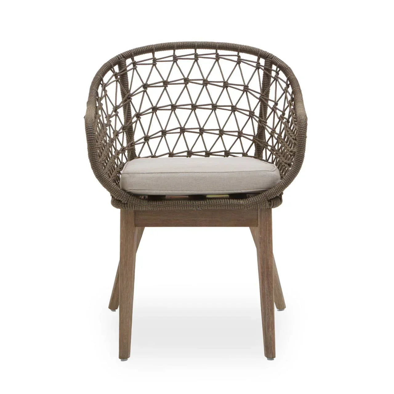 Woven rattan accent chair with beige seat cushion and wooden legs, front view