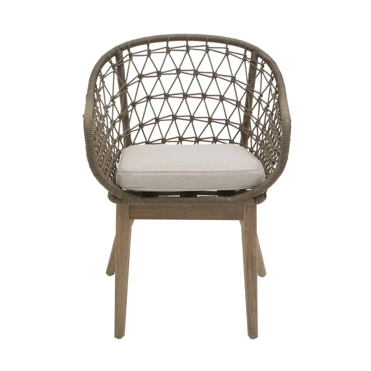 Woven rattan dining chair with light beige cushion and wooden legs, front view