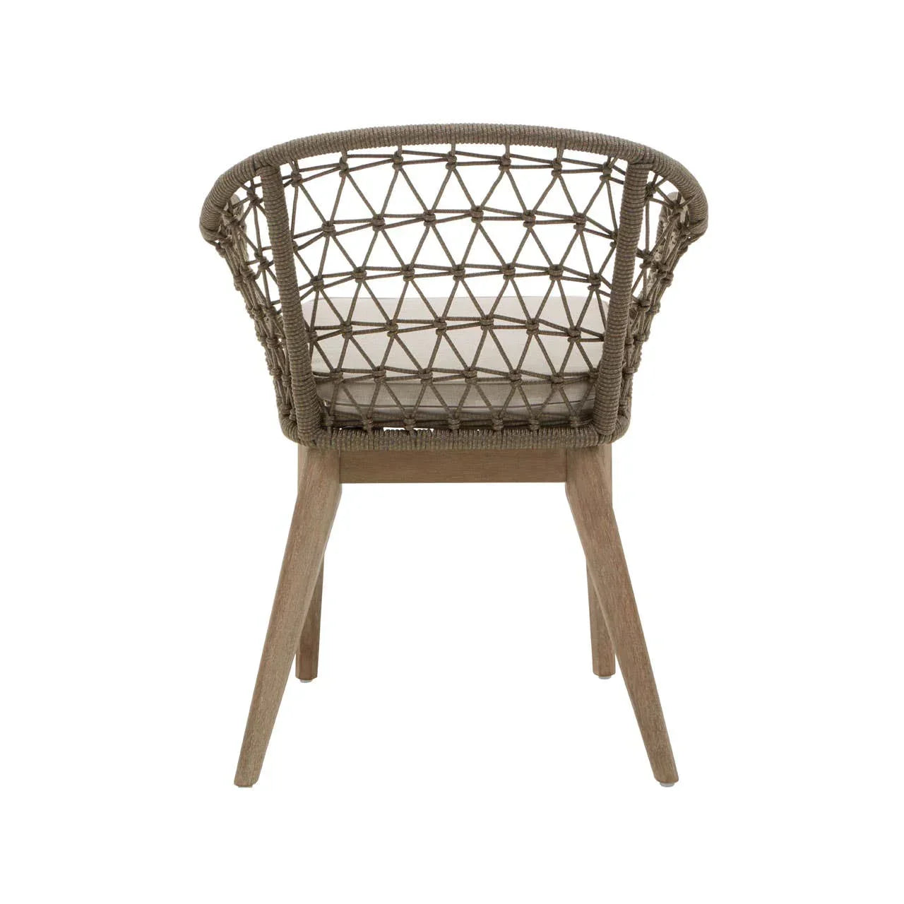 Back view of rope woven dining chair with wooden legs and beige seat cushion