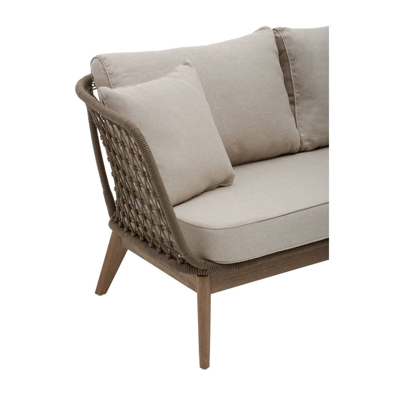 Three-seater sofa featuring a grey woven rope design with a sturdy wooden frame and tapered legs. The sofa is adorned with plush, light beige cushions, including a square accent pillow on one side, providing a modern and inviting look suitable for indoor or outdoor spaces