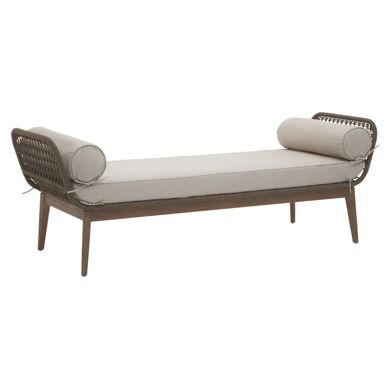 Beige cushioned daybed with wooden frame and round bolster pillows, rattan sides