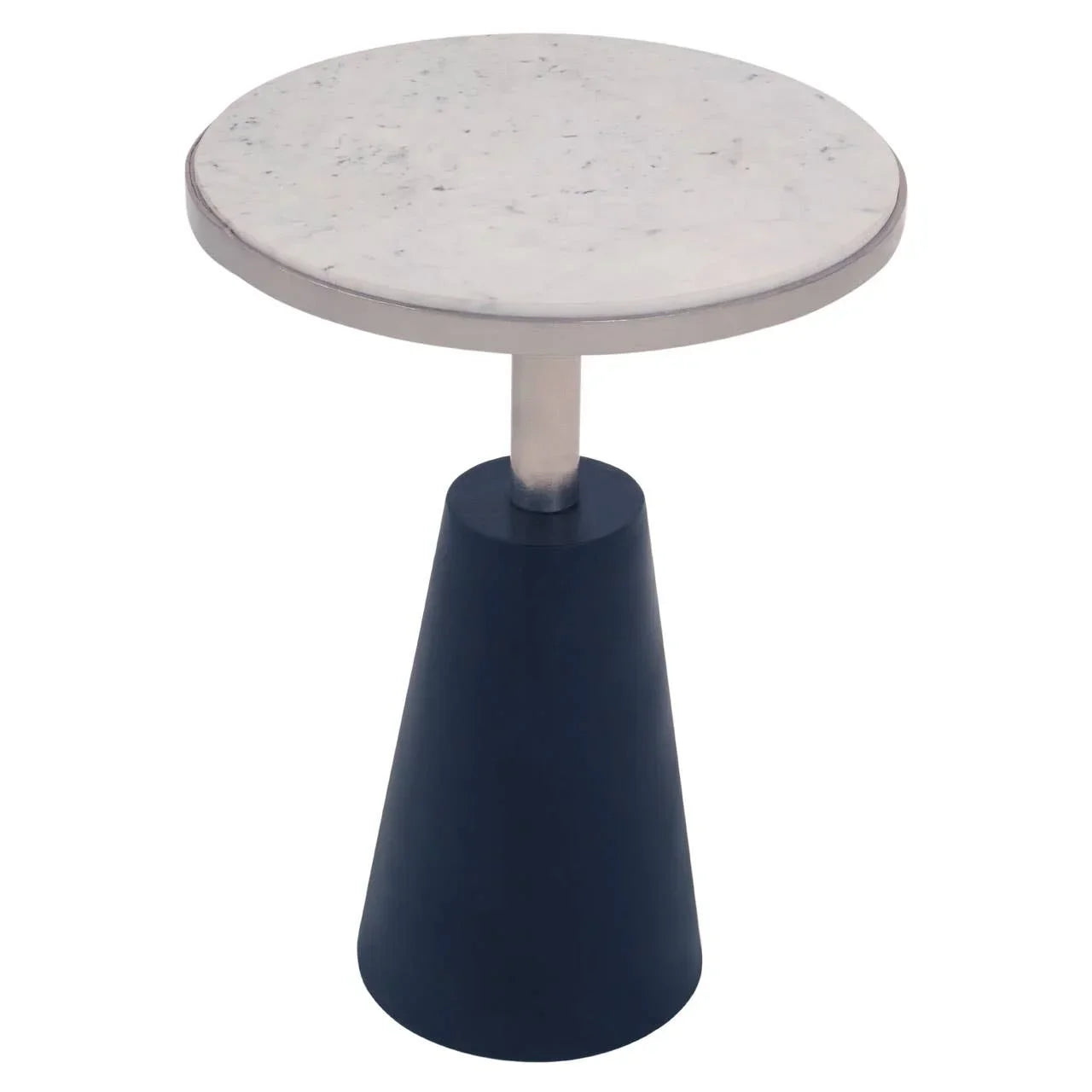 Round marble top side table with black cone base, modern minimalist design