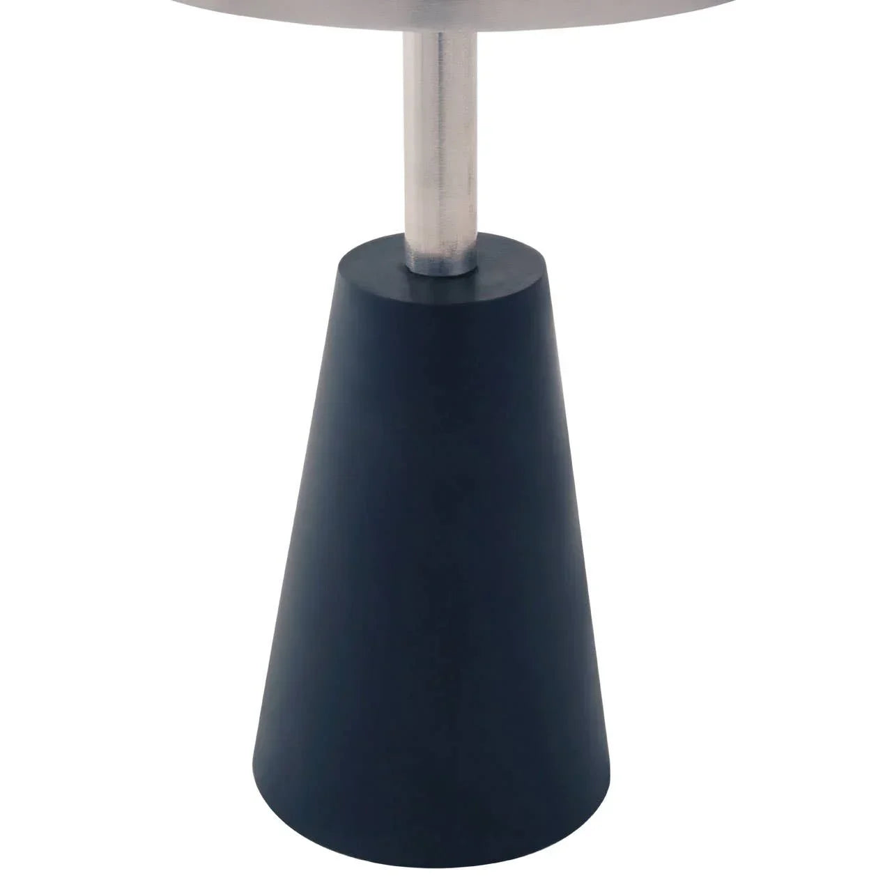 Black conical table base with brushed metal column, modern furniture detail