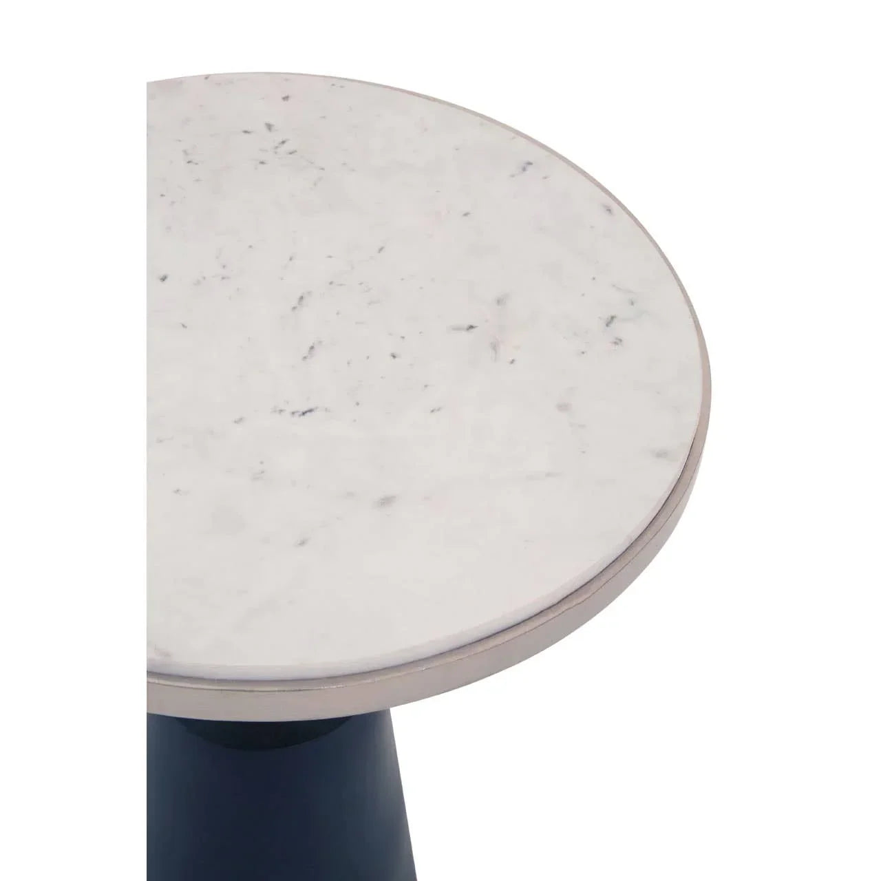 Round white marble table top with blue base, closeup angle