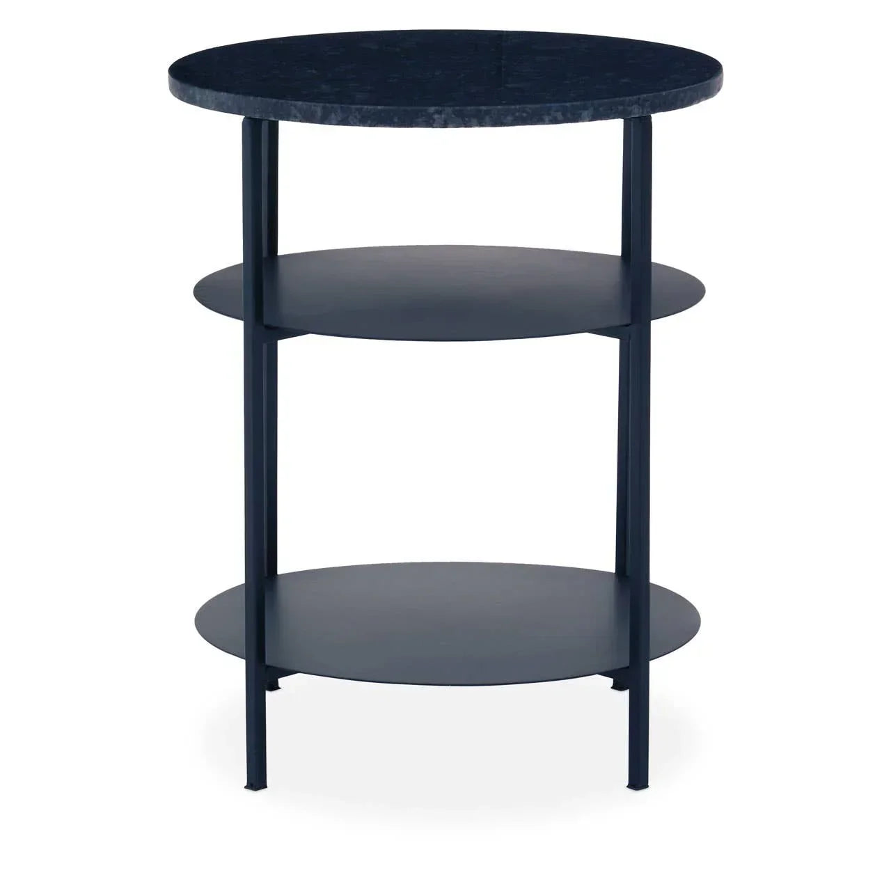 Black round metal side table with three shelves and slim legs