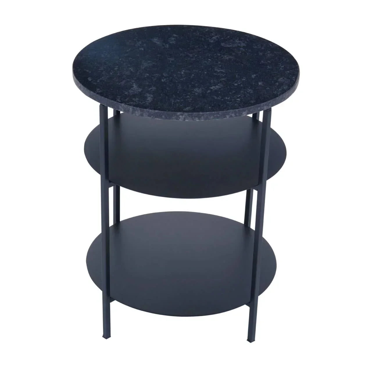 Black round side table with three-tier shelves and metal legs, photographed from above