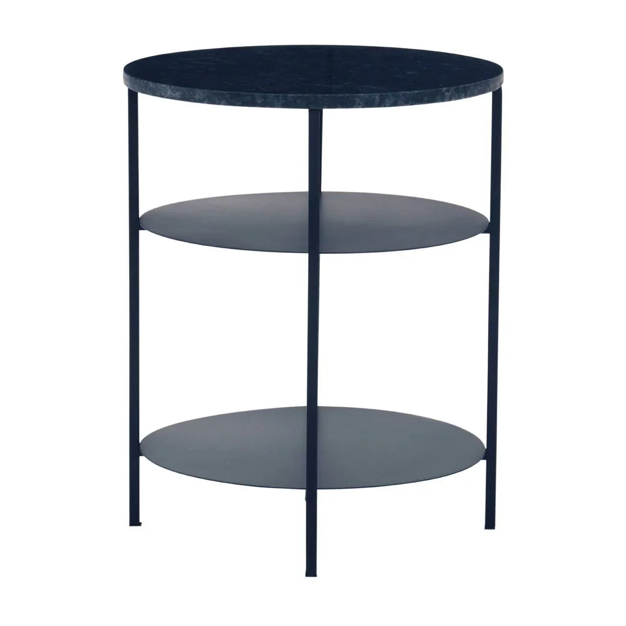 Black metal round side table with three shelves and slim legs