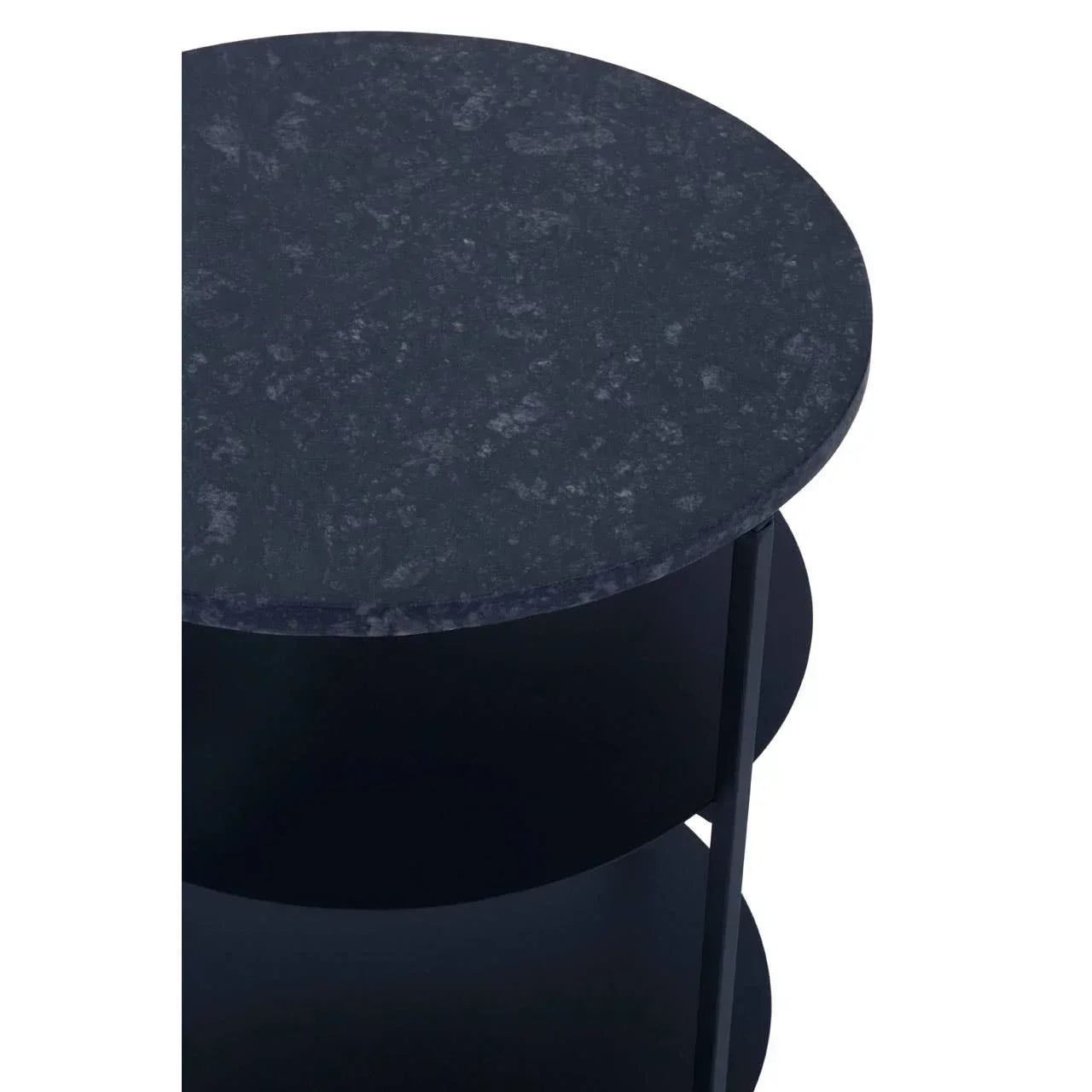 Round black side table with textured top and minimalist metal frame