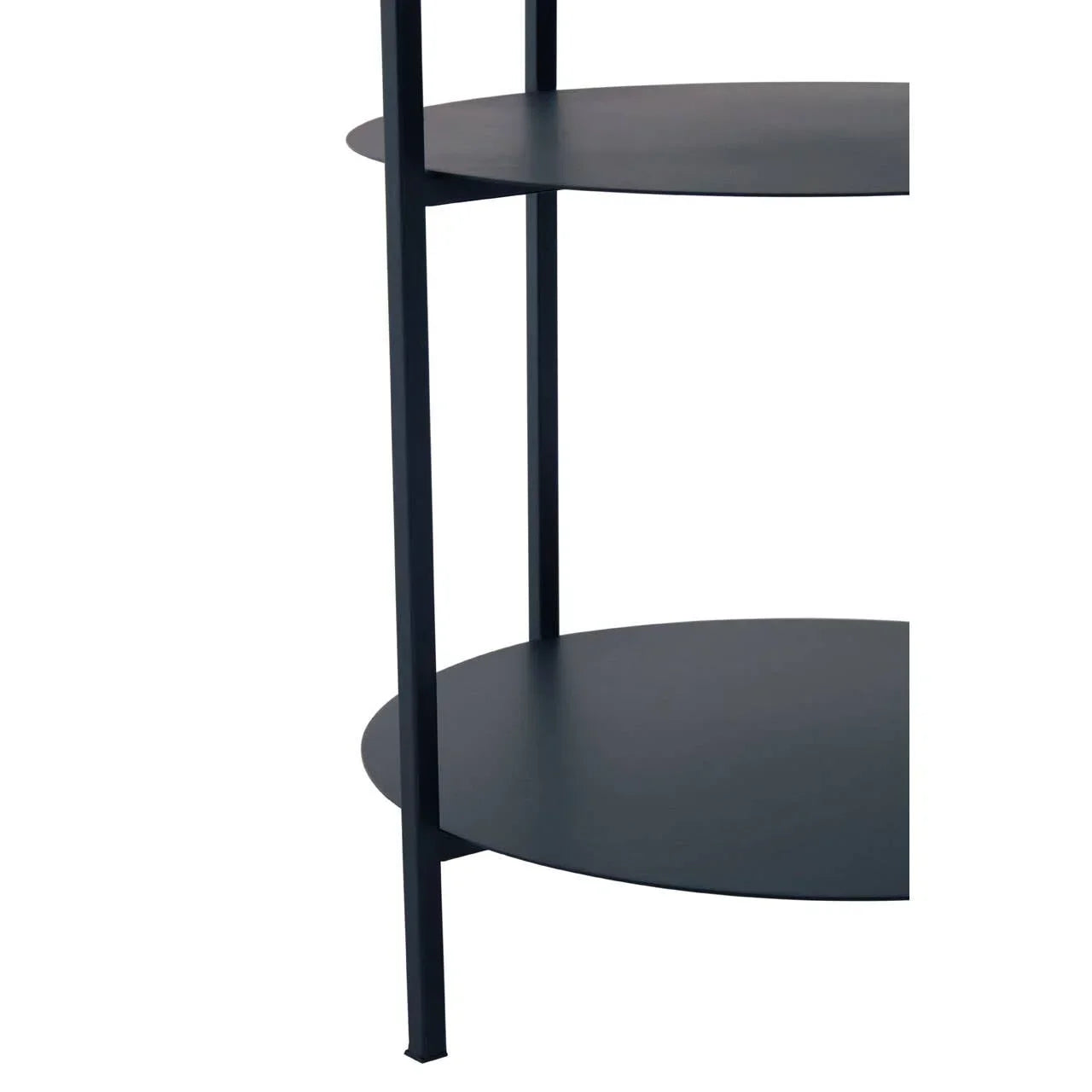 black metal round shelf close-up with two circular tiers and vertical frame