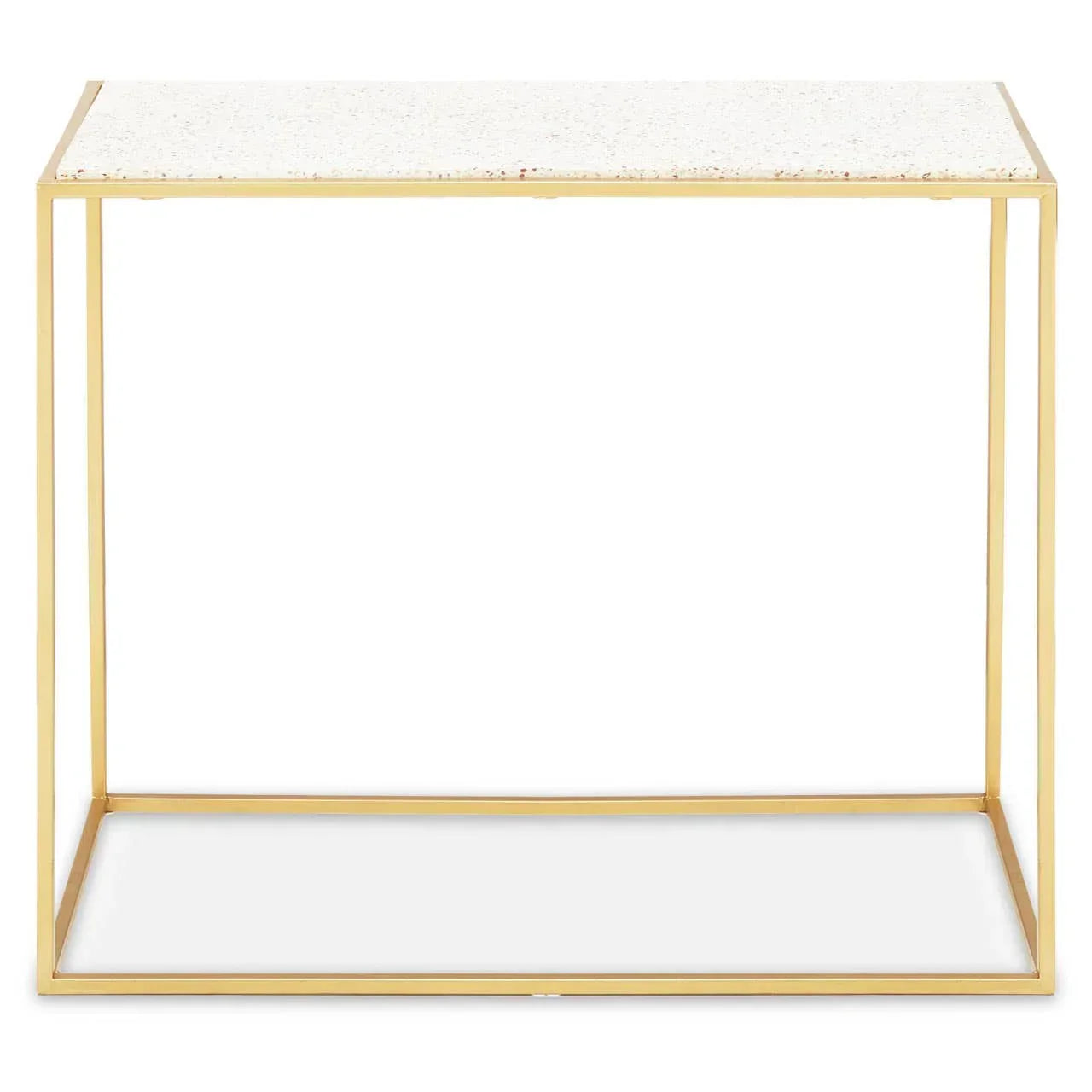 Square side table with white terrazzo top and gold metal frame, front view