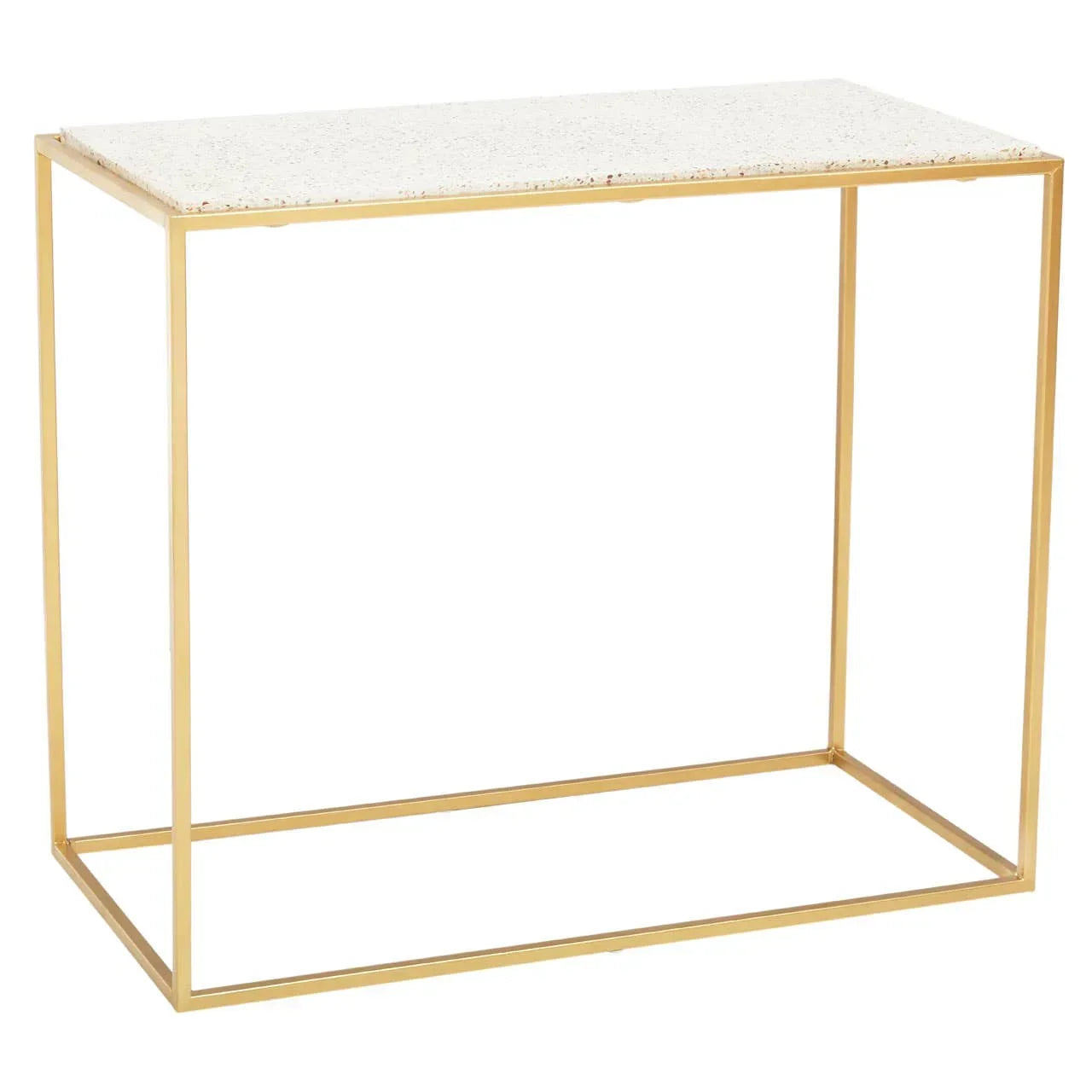 Rectangular console table with gold metal frame and speckled white top