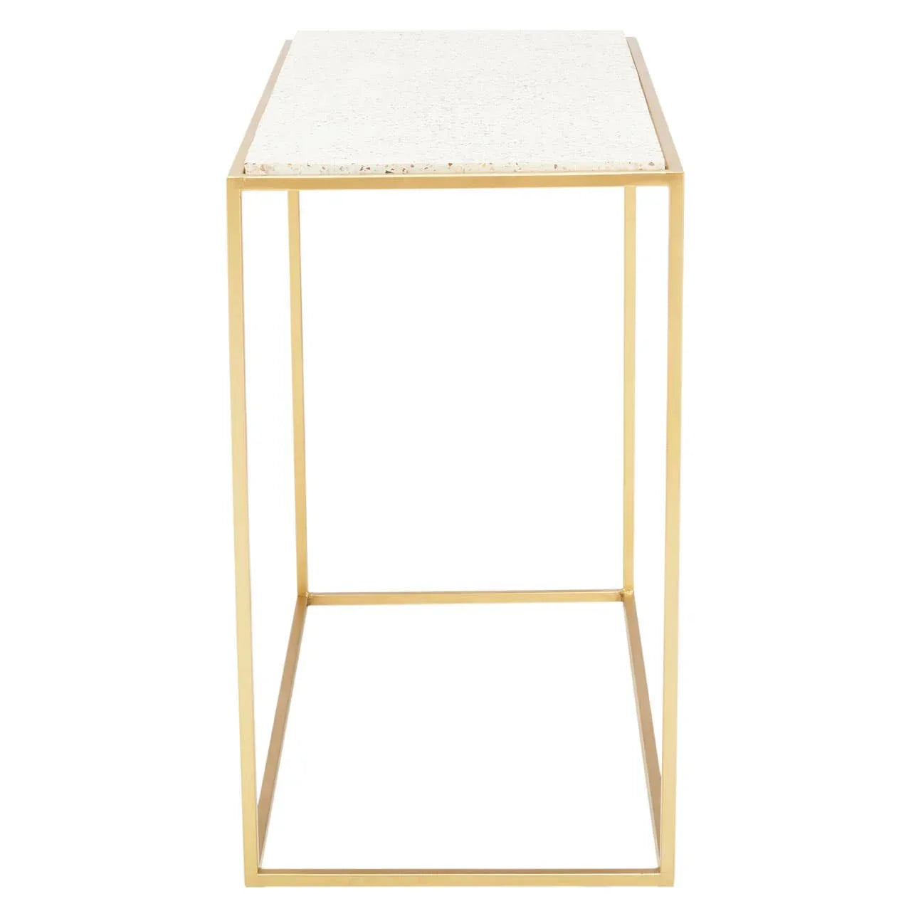 Modern side table with gold metal frame and white terrazzo top, straight-on view