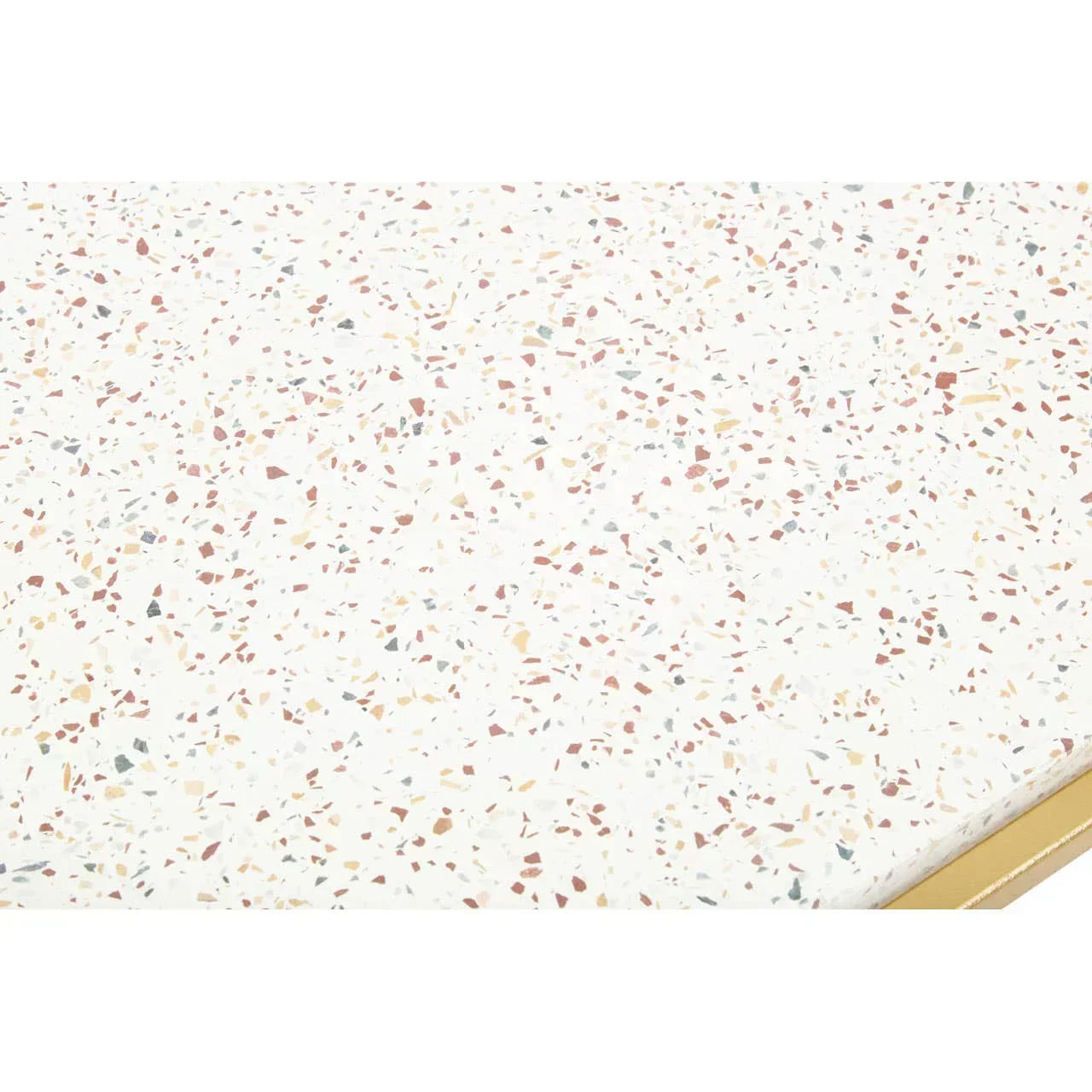 terrazzo table top with multicoloured stone chips and gold edge detail