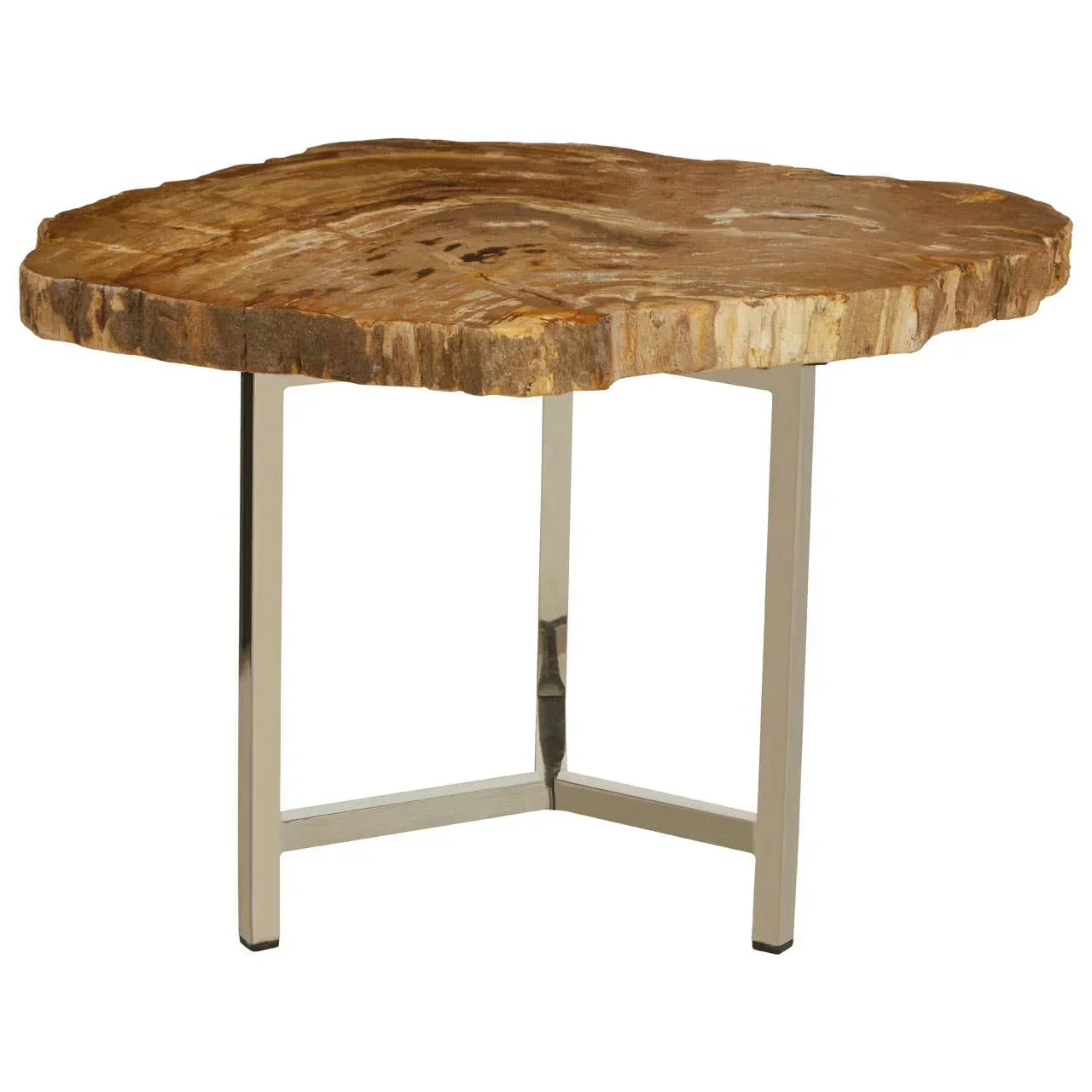 petrified wood side table with natural live edge top and chrome metal legs