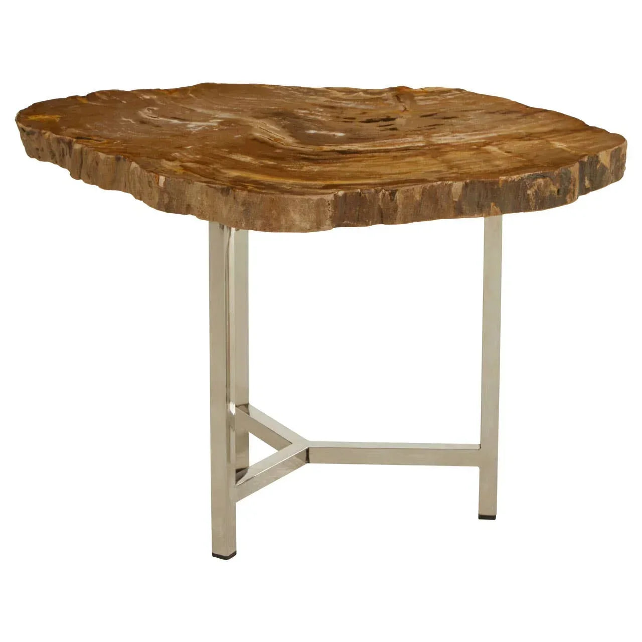 Natural wood side table with irregular slab top and chrome metal legs