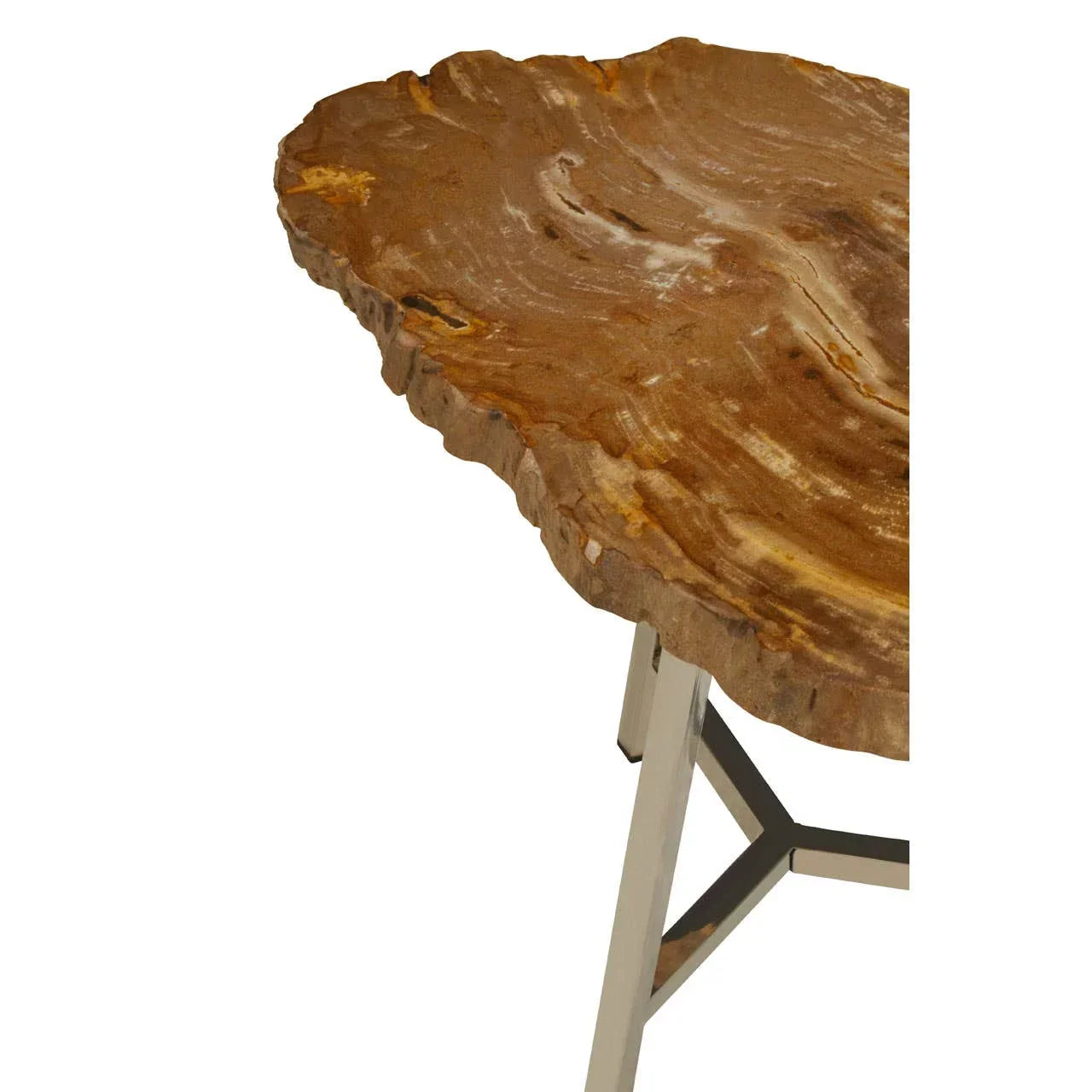 Live edge stone side table with polished metal legs, close up of tabletop detail
