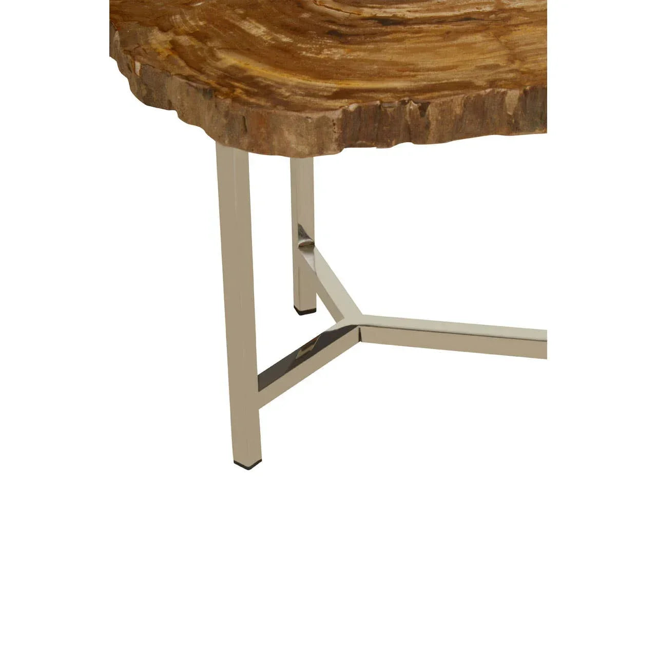 Live edge wood coffee table top with metal legs and modern chrome base