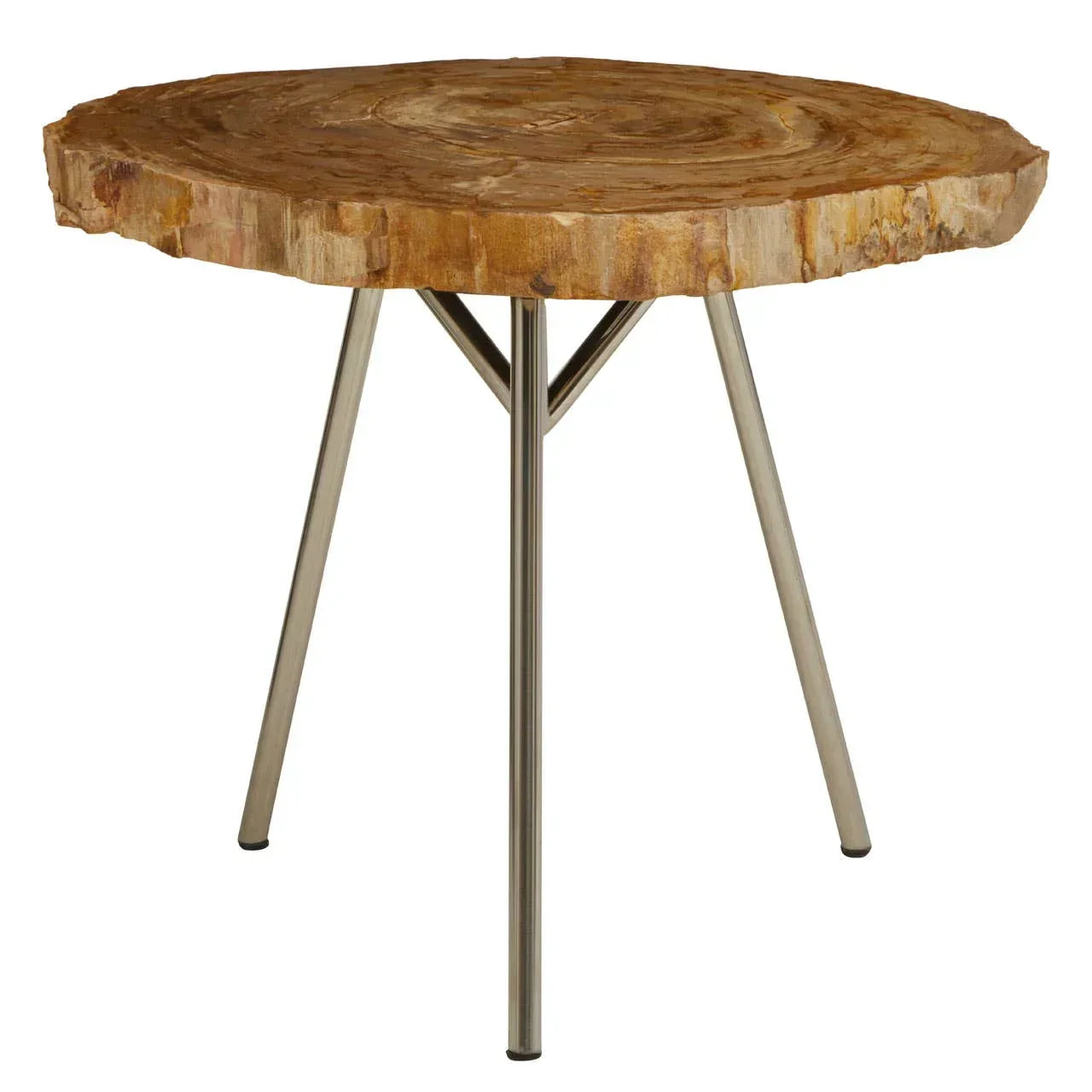 Petrified wood side table with round top and metal tripod legs