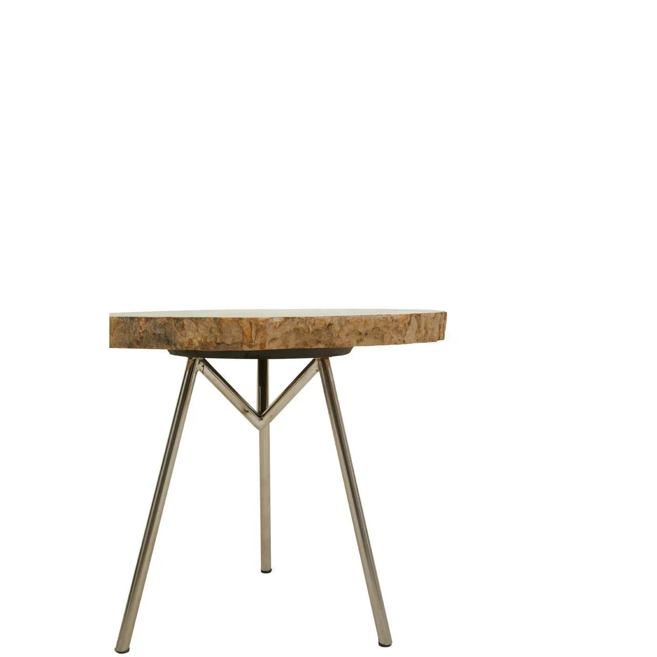 Round wooden side table with metal tripod legs and natural edge finish