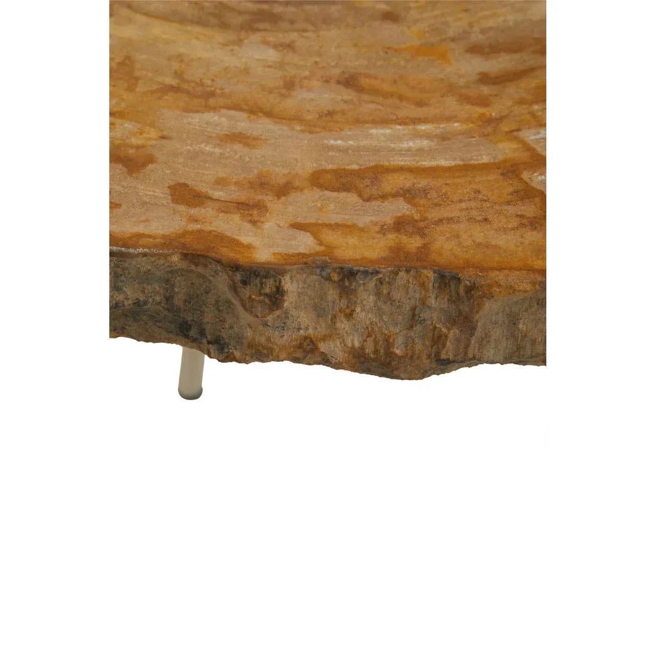 Closeup of live edge wooden coffee table top with natural grain and metal leg