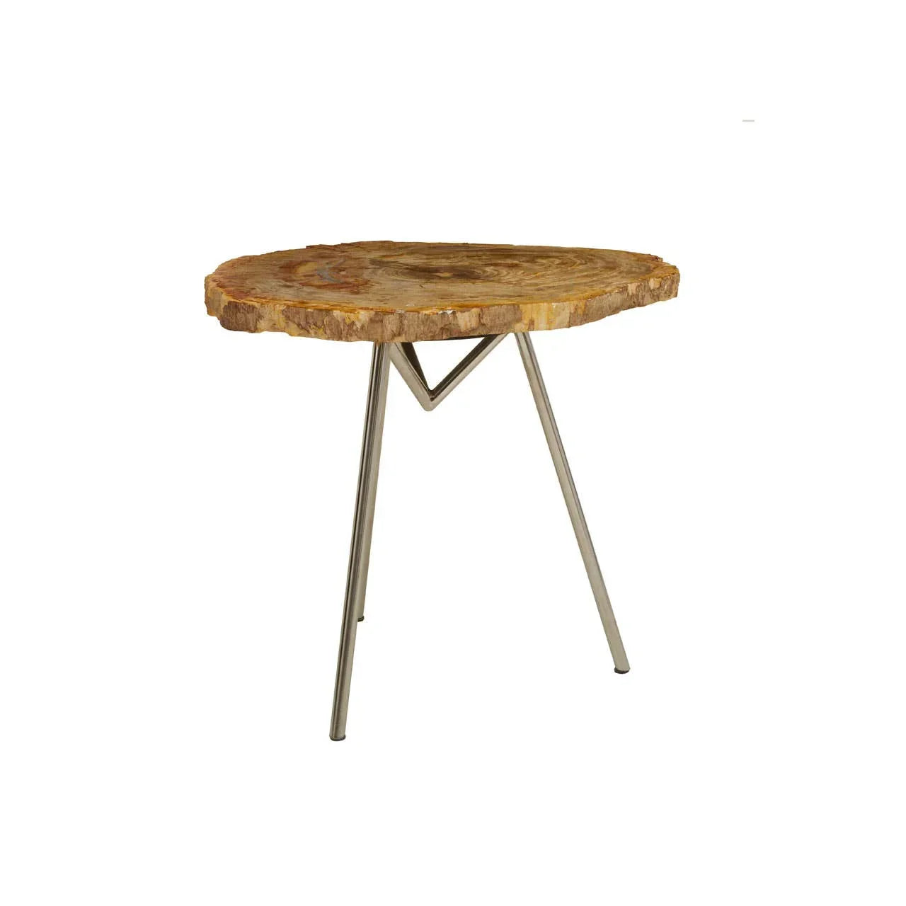 Petrified wood side table with natural slab top and three angled metal legs