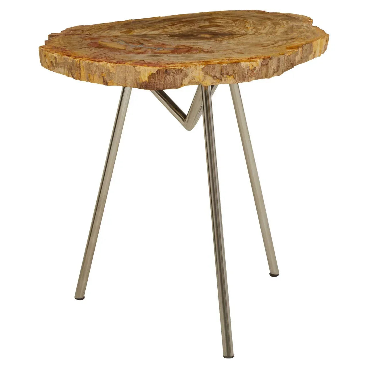 Petrified wood side table with natural slab top and metal tripod legs