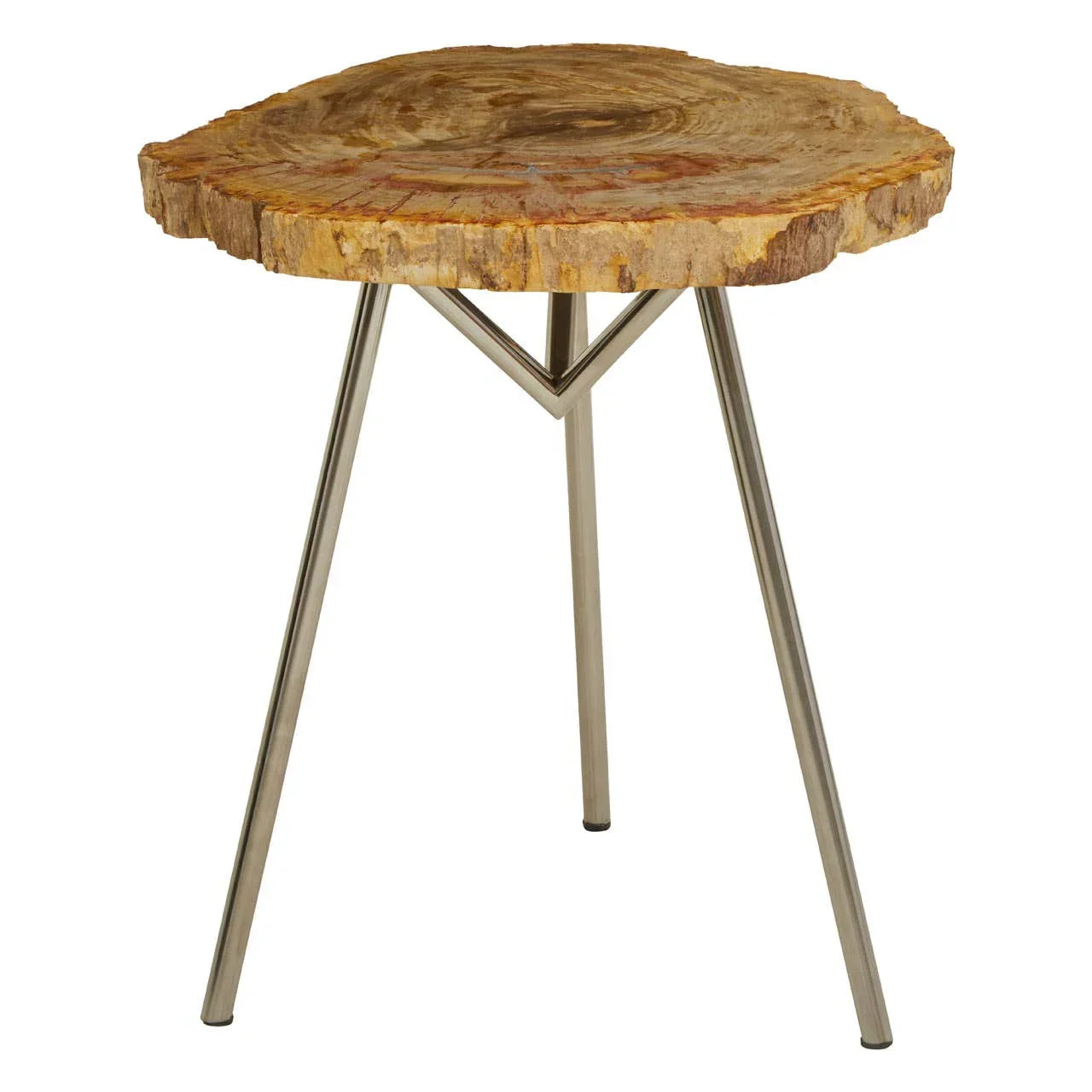 Petrified wood side table with natural slab top and sleek metal tripod legs